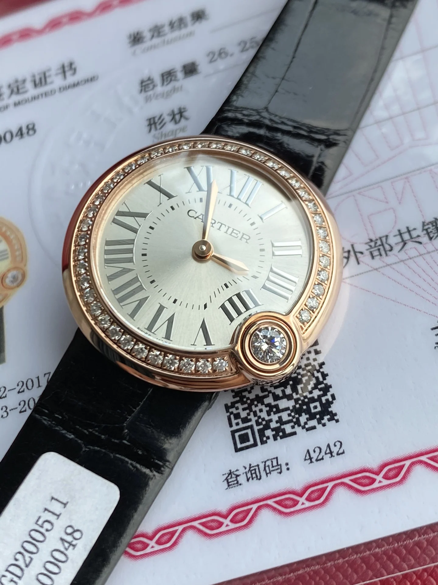 Cartier Ballon Bleu Rose Gold Black Dial Diamond-Set — photographed off the sweep