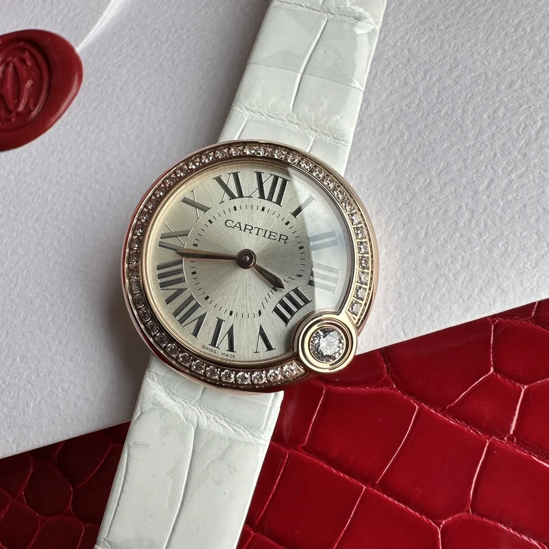 Cartier Ballon Bleu Rose Gold Blue Dial Diamond-Set 30mm — photographed off the sweep