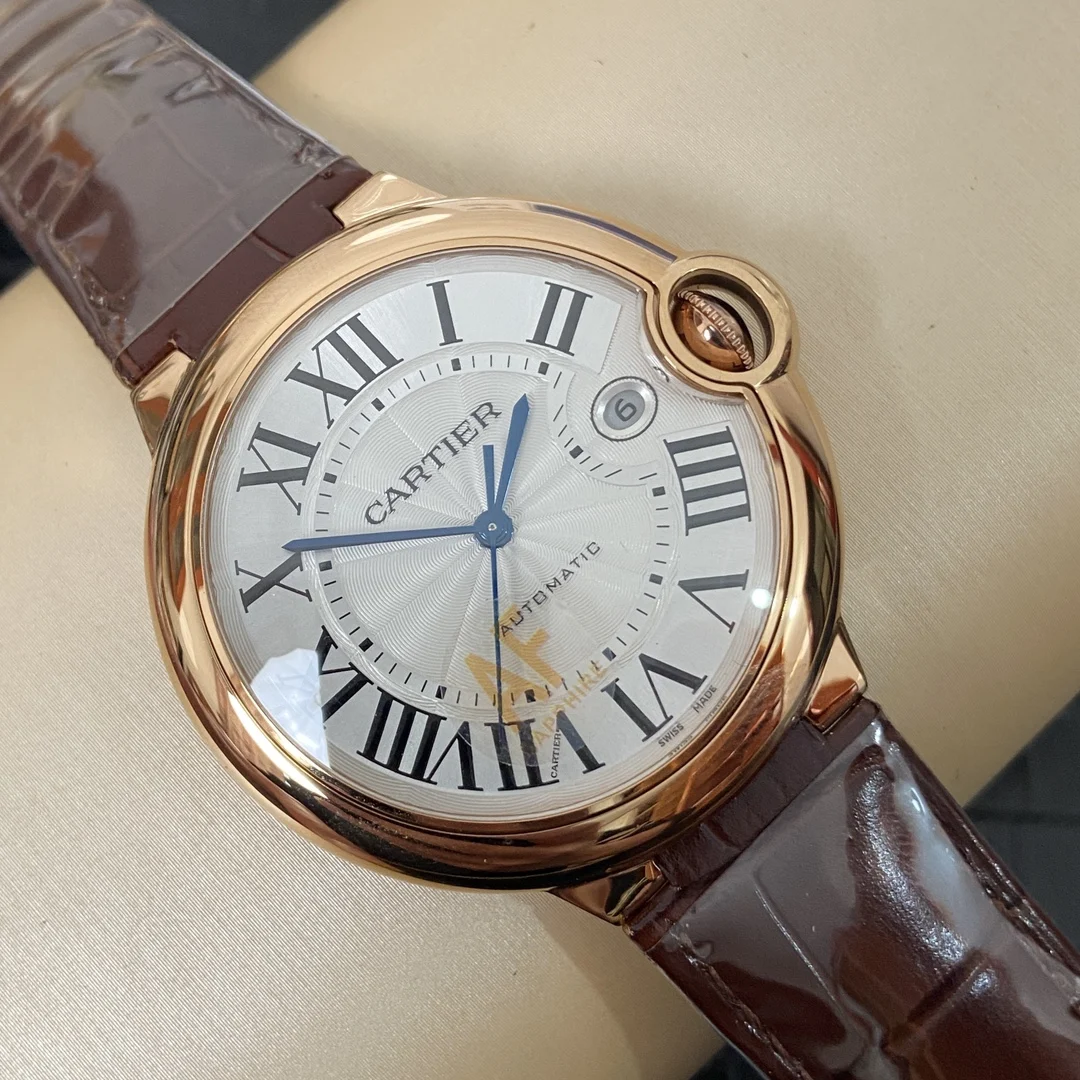 Cartier Ballon Bleu Rose Gold Brown Dial 42mm — photographed off the sweep