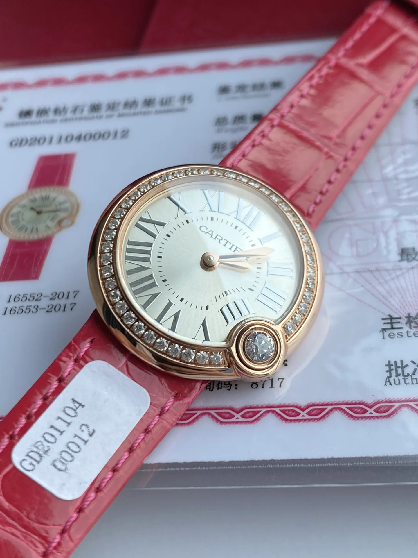 Cartier Ballon Bleu Rose Gold Red Dial — photographed off the sweep
