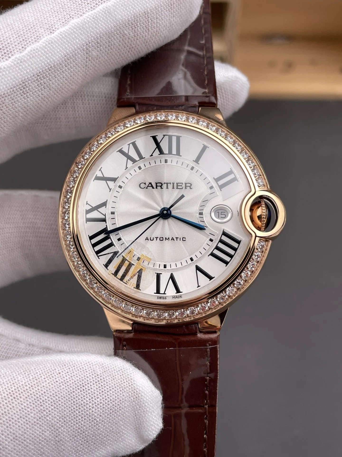 Cartier Ballon Bleu Rose Gold White Dial Diamond-Set 42mm — photographed off the sweep
