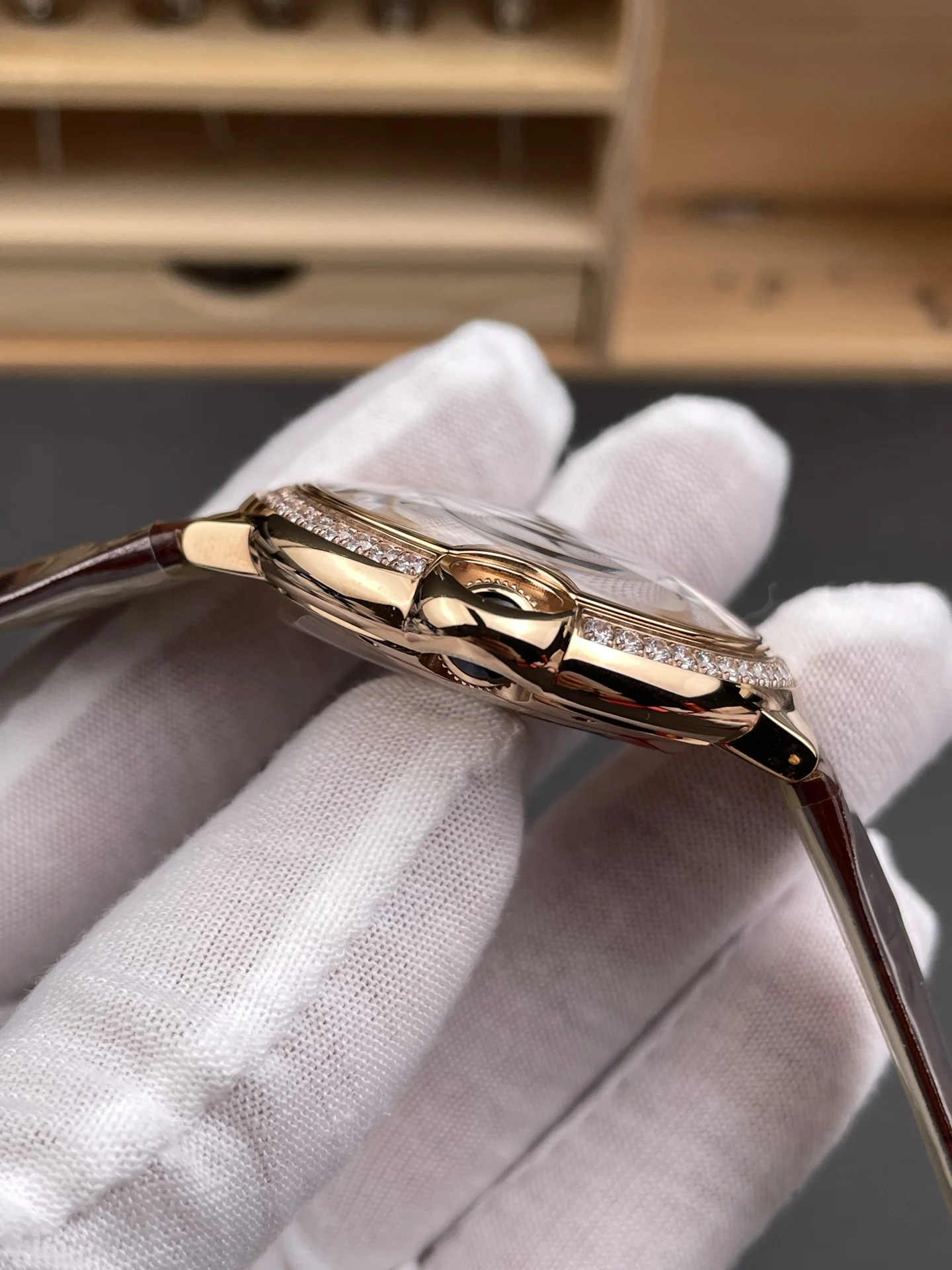 Cartier Ballon Bleu Rose Gold White Dial Diamond-Set 42mm — photographed off the sweep