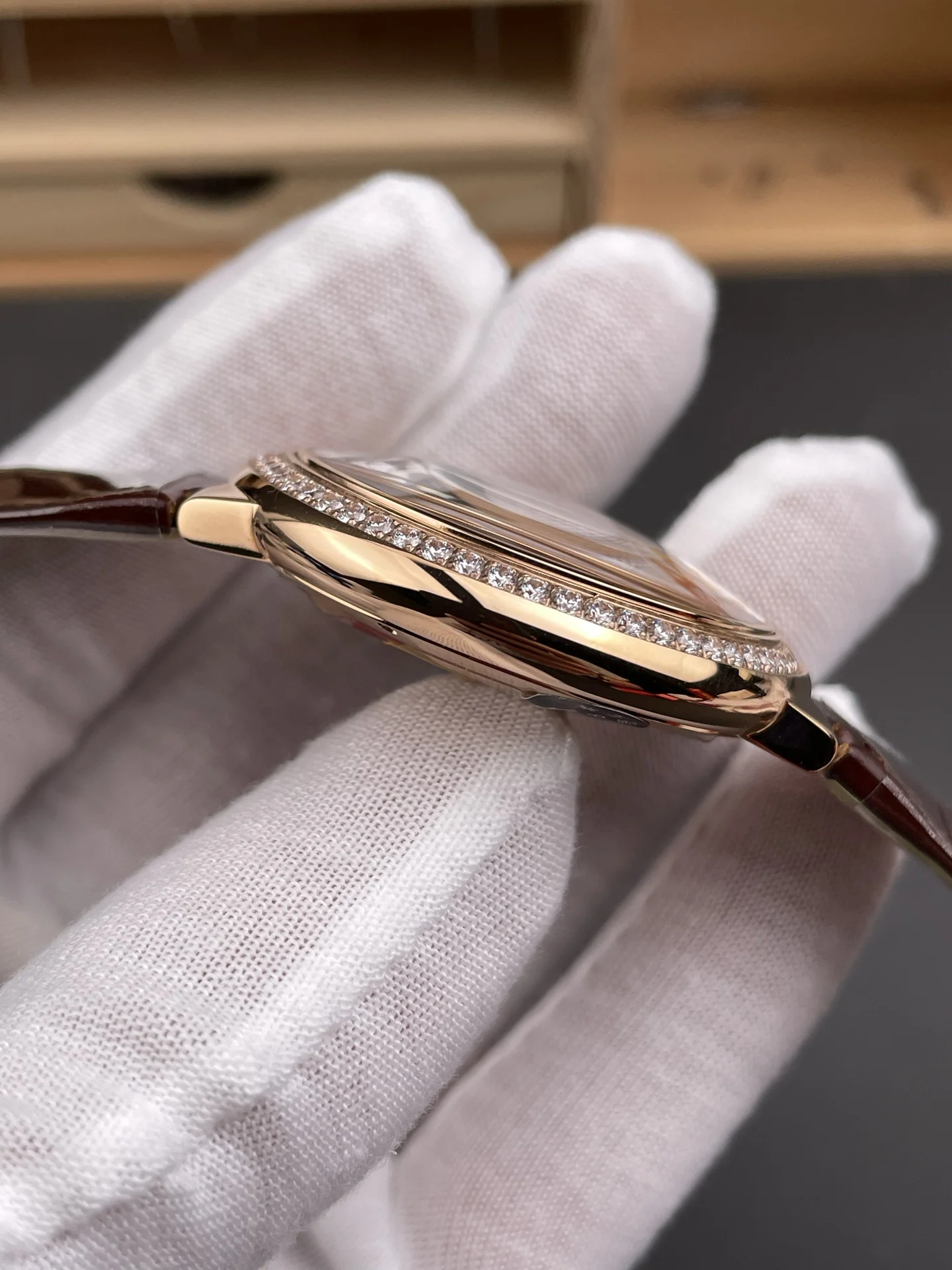Cartier Ballon Bleu Rose Gold White Dial Diamond-Set 42mm — photographed off the sweep