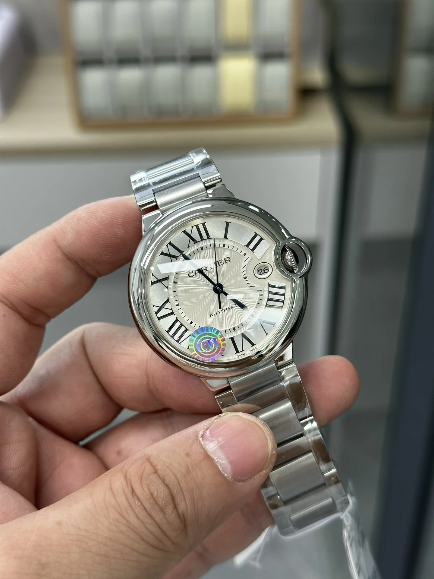 Cartier Ballon Bleu Steel Black Dial — photographed off the sweep