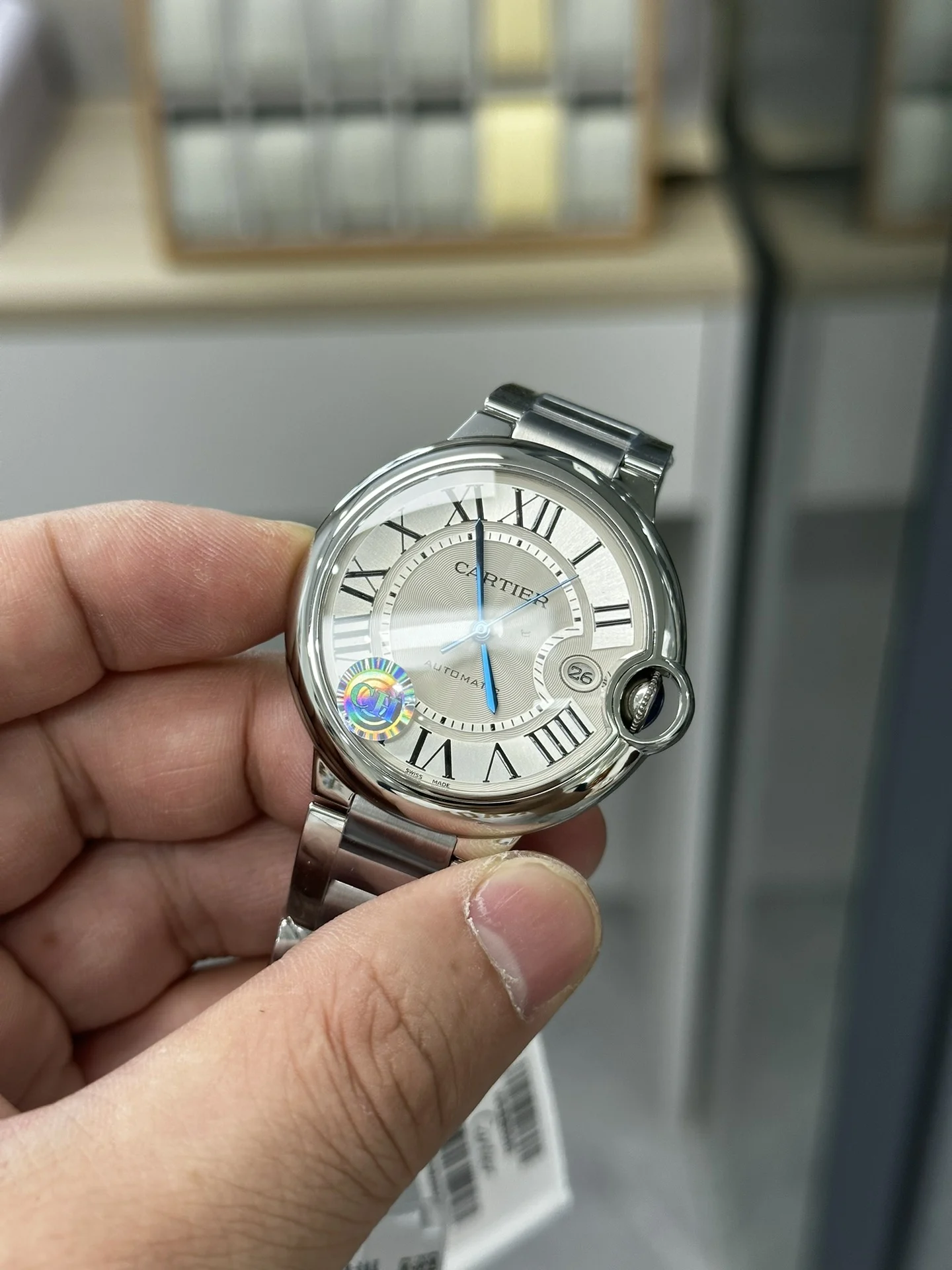 Cartier Ballon Bleu Steel Black Dial — photographed off the sweep