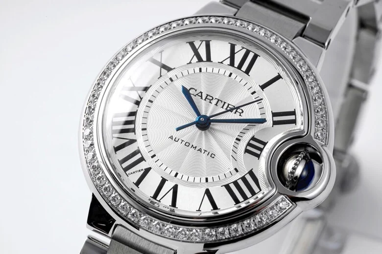 Cartier Ballon Bleu Steel Blue Dial 33mm — photographed off the sweep