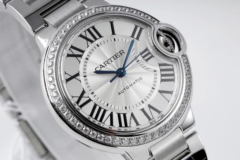 Cartier Ballon Bleu Steel Blue Dial 33mm — photographed off the sweep
