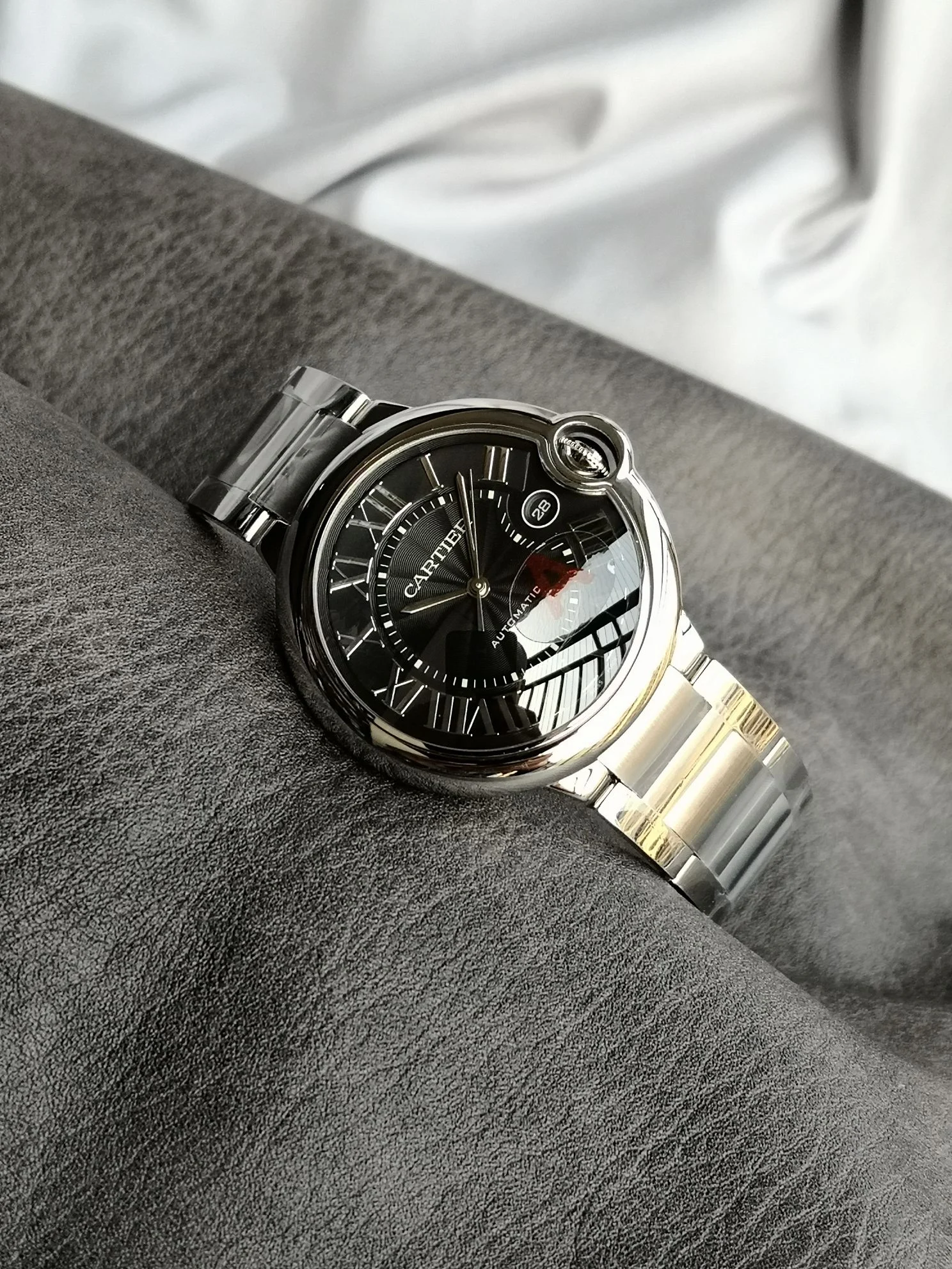 Cartier Ballon Bleu Steel White Dial 33mm — photographed off the sweep