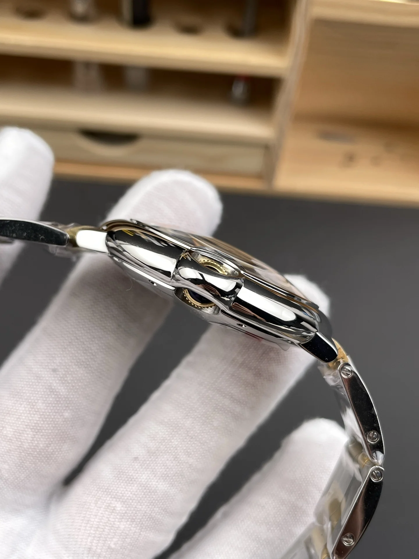 Cartier Ballon Bleu Two-Tone White Dial 42mm — photographed off the sweep