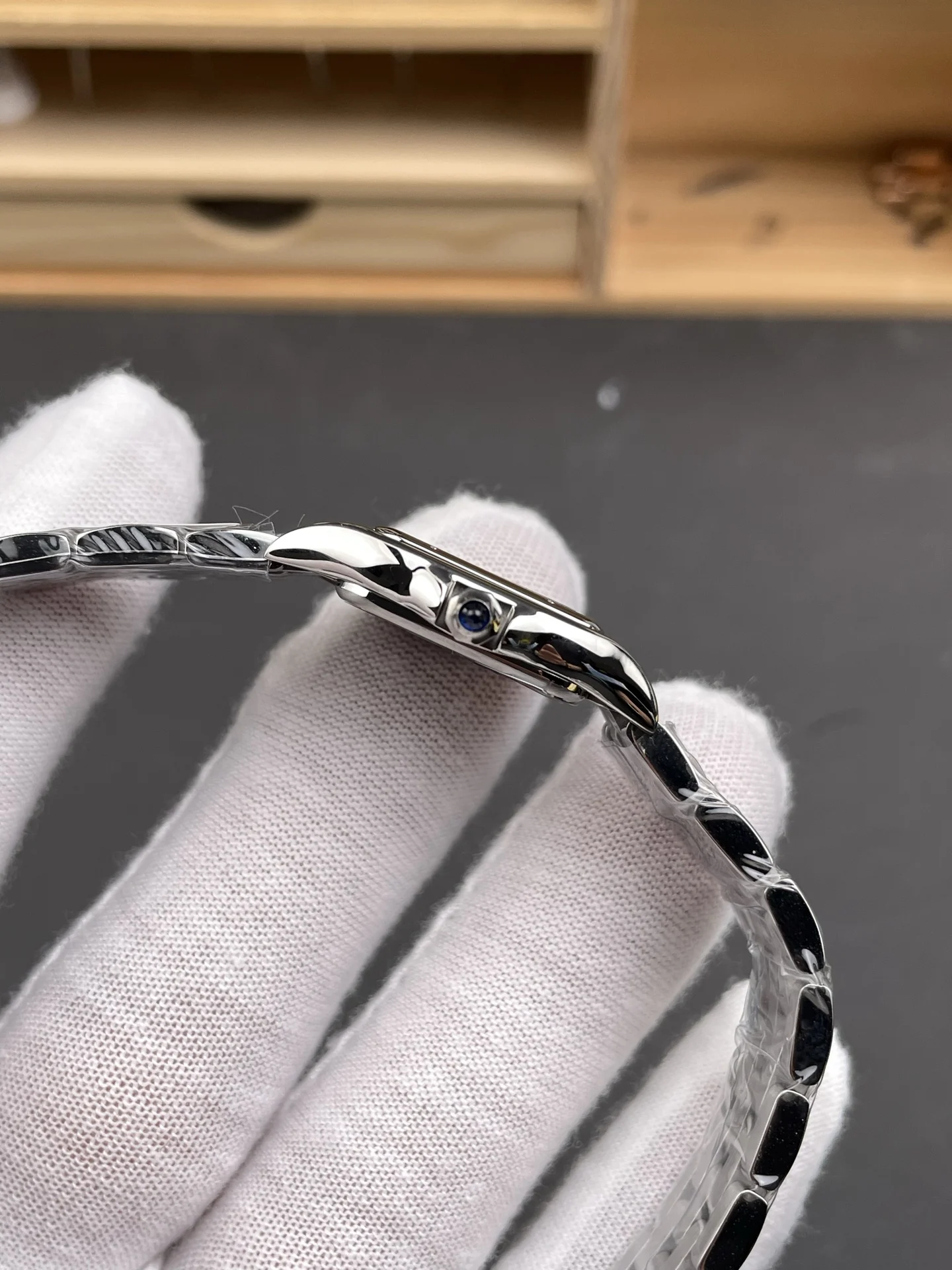 Cartier Panthère Steel White Dial 22 × 30mm — photographed off the sweep
