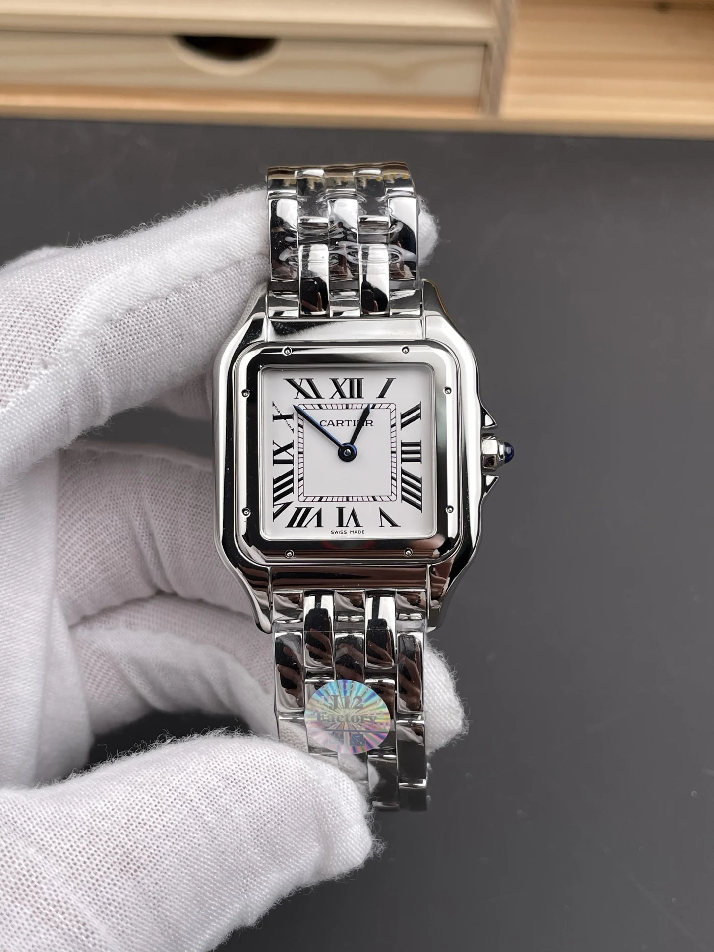 Cartier Panthère Steel White Dial 31 × 42mm — photographed off the sweep