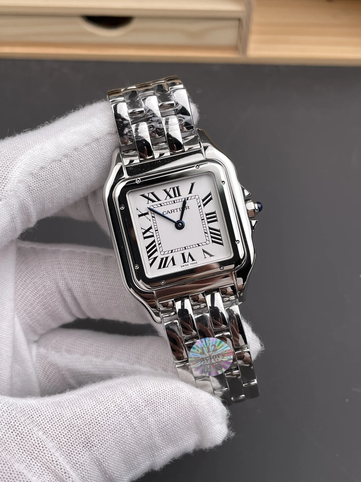 Cartier Panthère Steel White Dial 31 × 42mm — photographed off the sweep