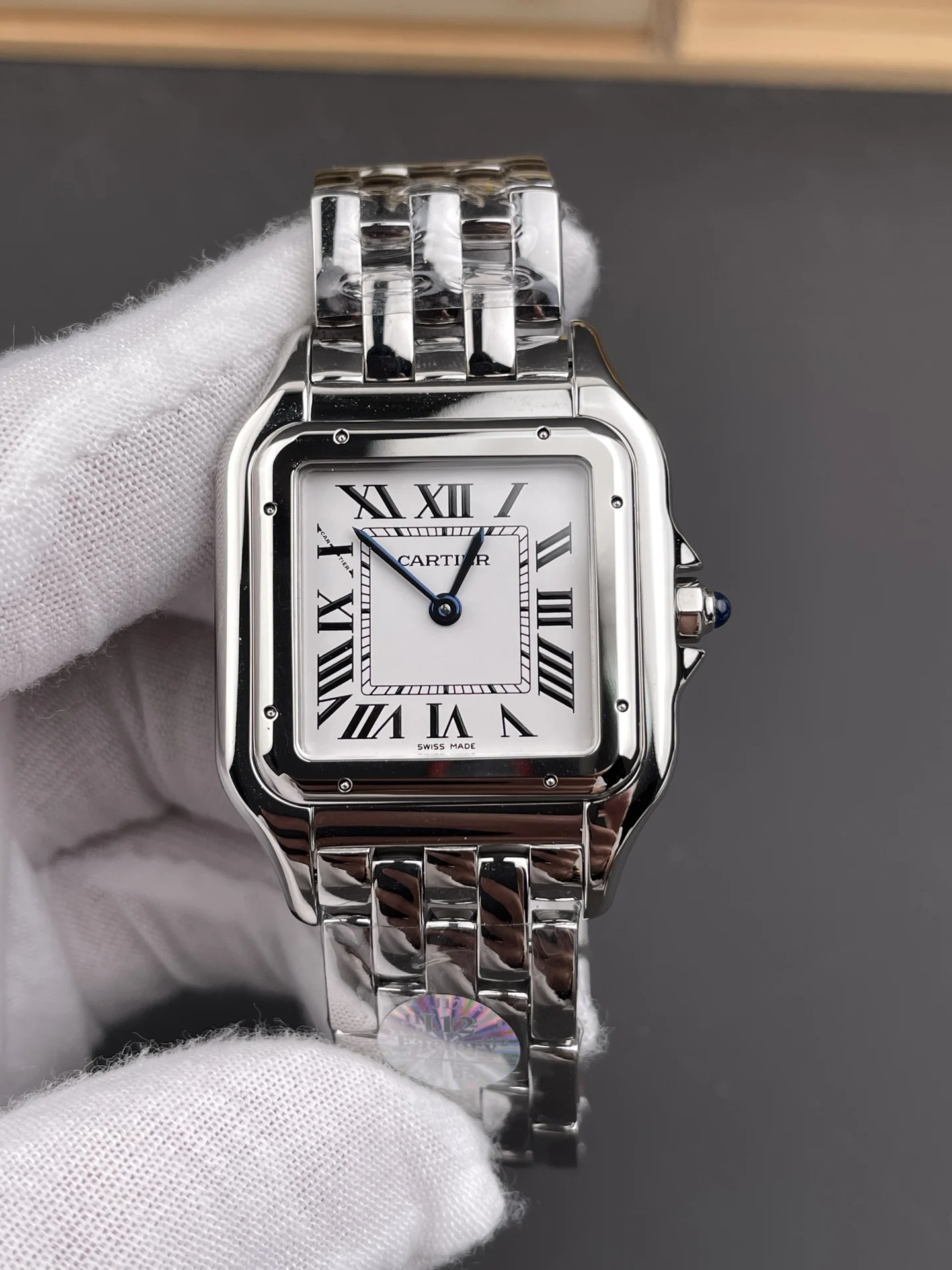 Cartier Panthère Steel White Dial 31 × 42mm — photographed off the sweep
