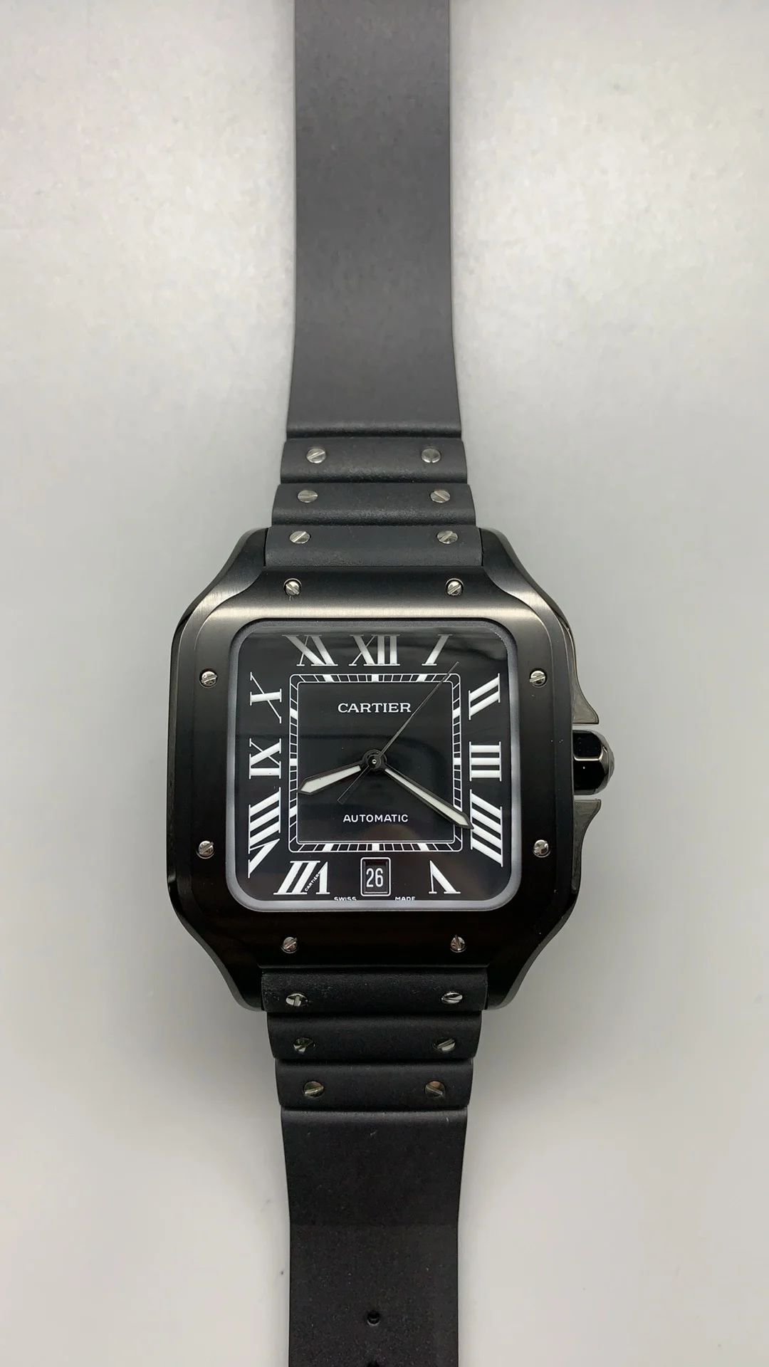 Cartier Santos Black Dial 39.8mm — photographed off the sweep