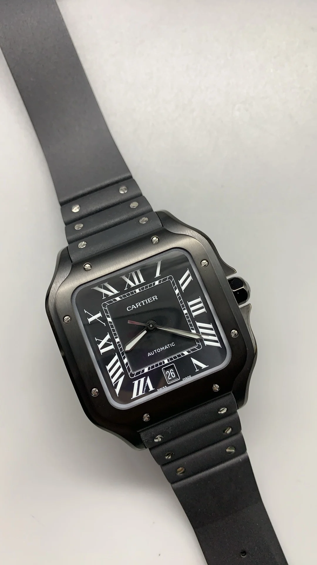 Cartier Santos Black Dial 39.8mm — photographed off the sweep