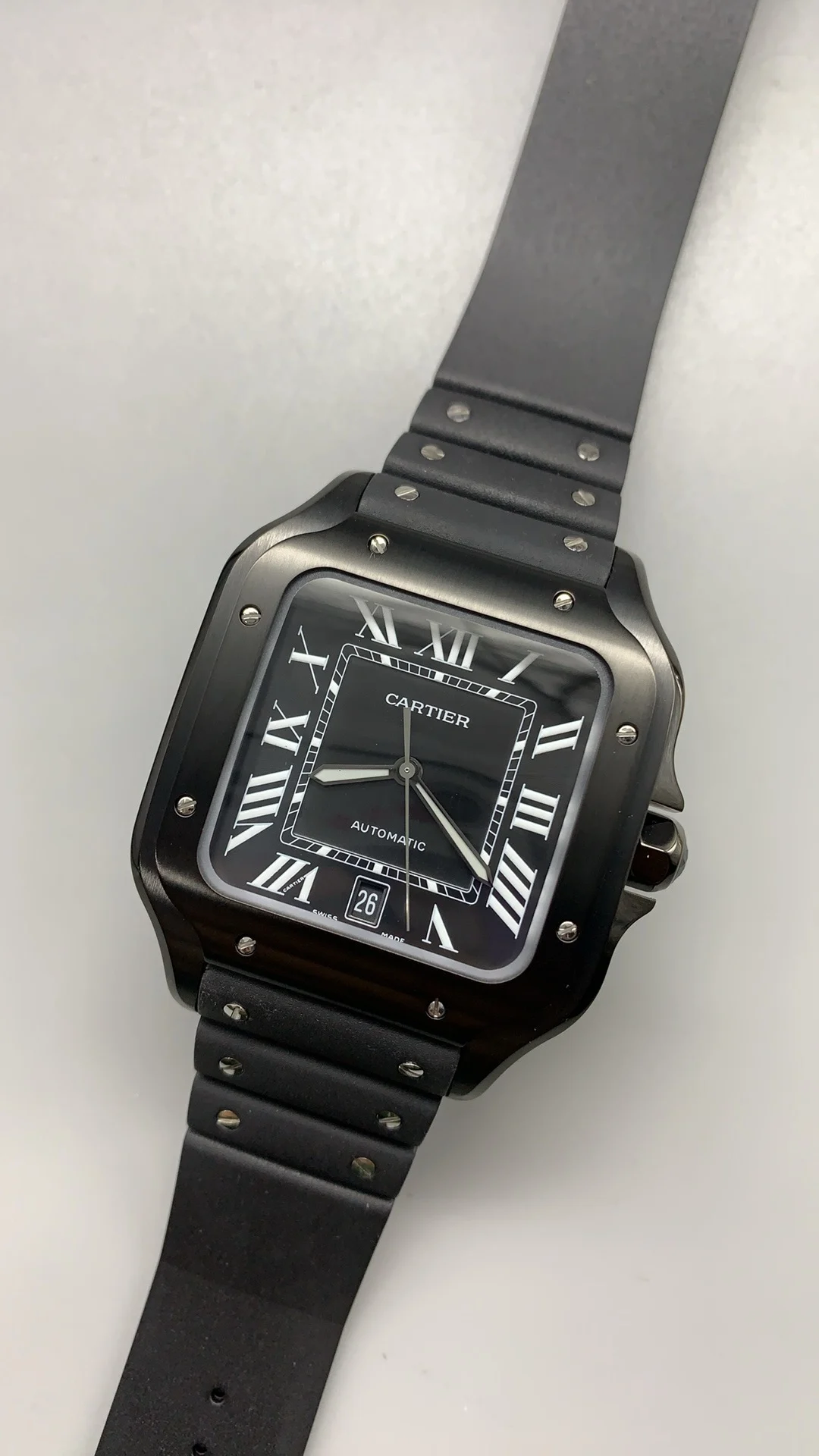 Cartier Santos Black Dial 39.8mm — photographed off the sweep