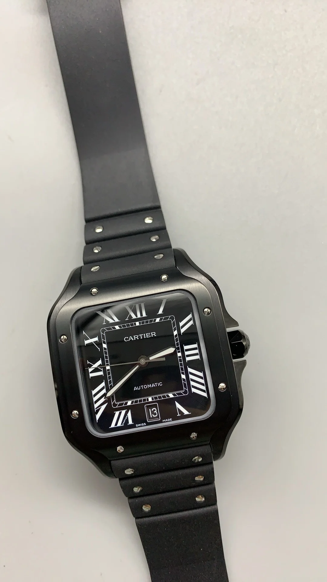 Cartier Santos Black Dial 40mm — photographed off the sweep