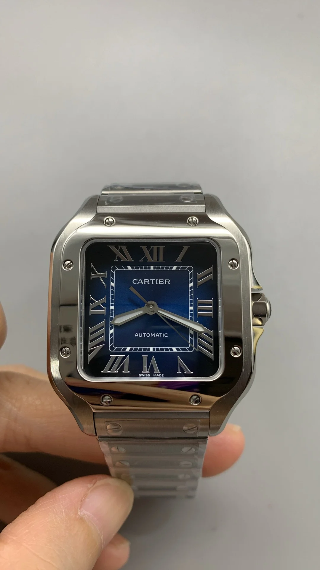 Cartier Santos Blue Dial 35mm — photographed off the sweep