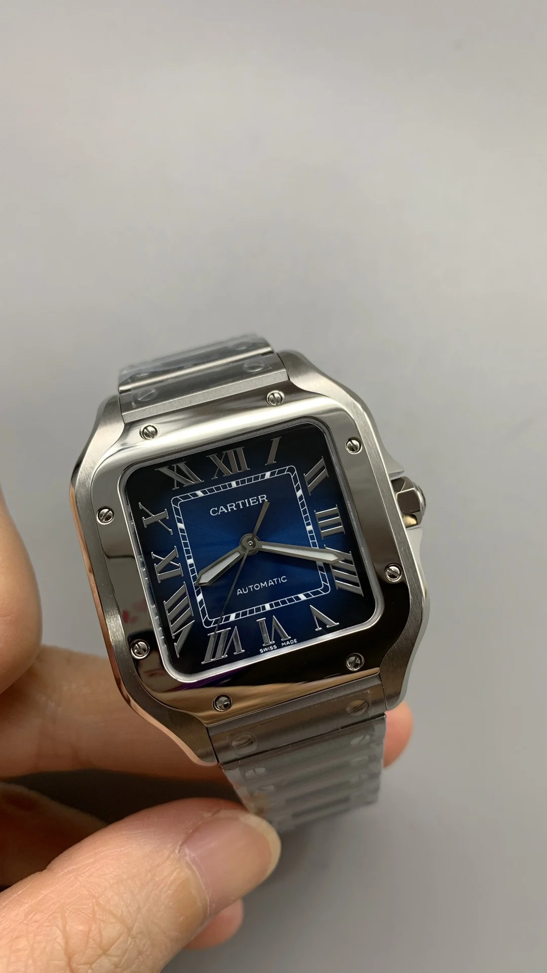 Cartier Santos Blue Dial 35mm — photographed off the sweep