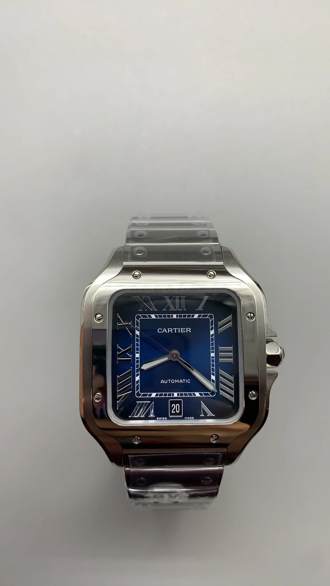 Cartier Santos Blue Dial 39.8mm — photographed off the sweep