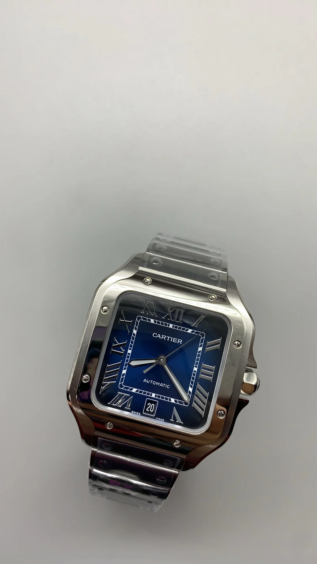 Cartier Santos Blue Dial 39.8mm — photographed off the sweep