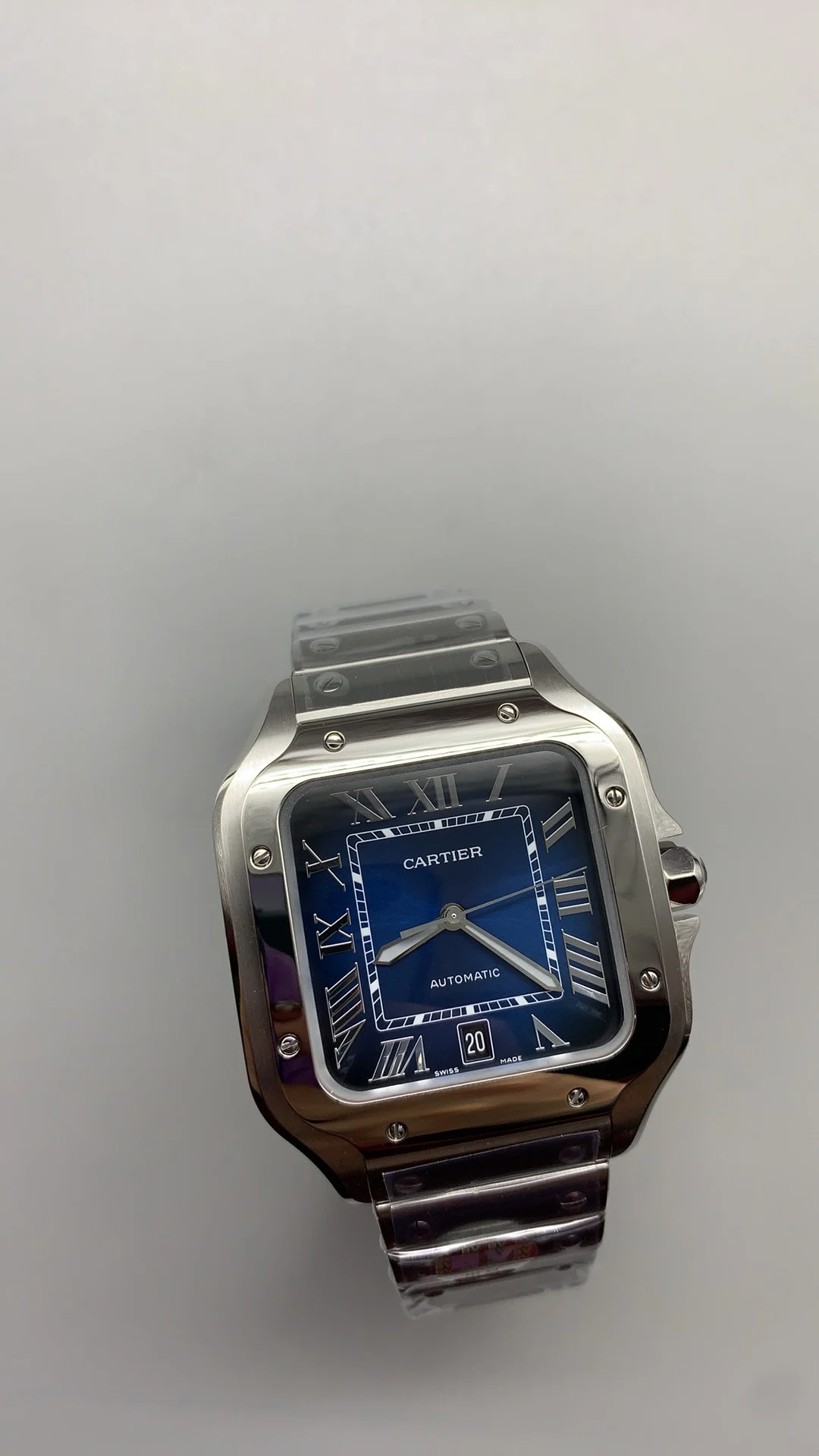 Cartier Santos Blue Dial 39.8mm — photographed off the sweep