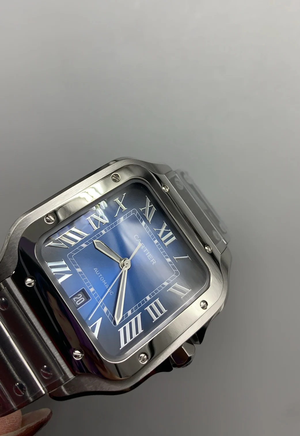 Cartier Santos Blue Dial 39.8mm — photographed off the sweep