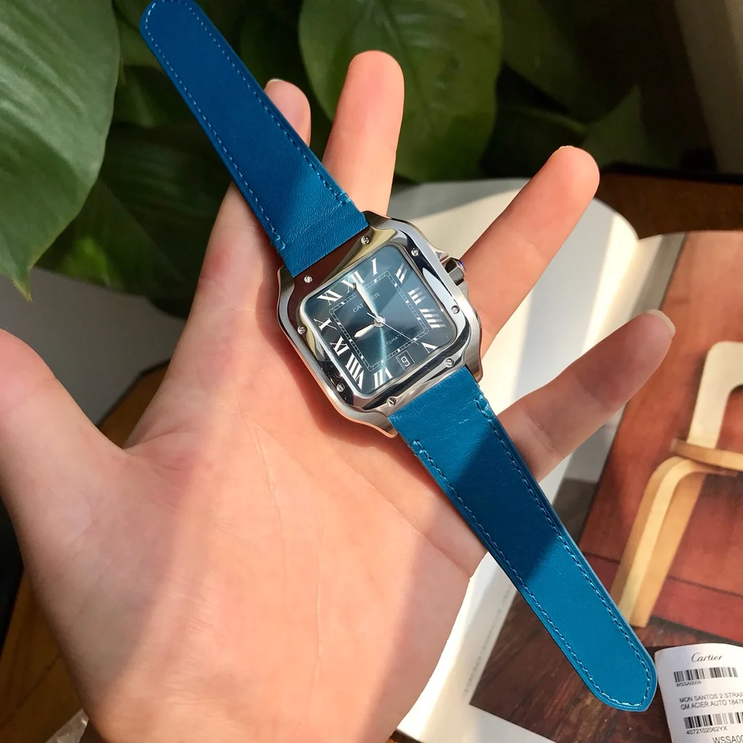 Cartier Santos Blue Dial 40mm — photographed off the sweep