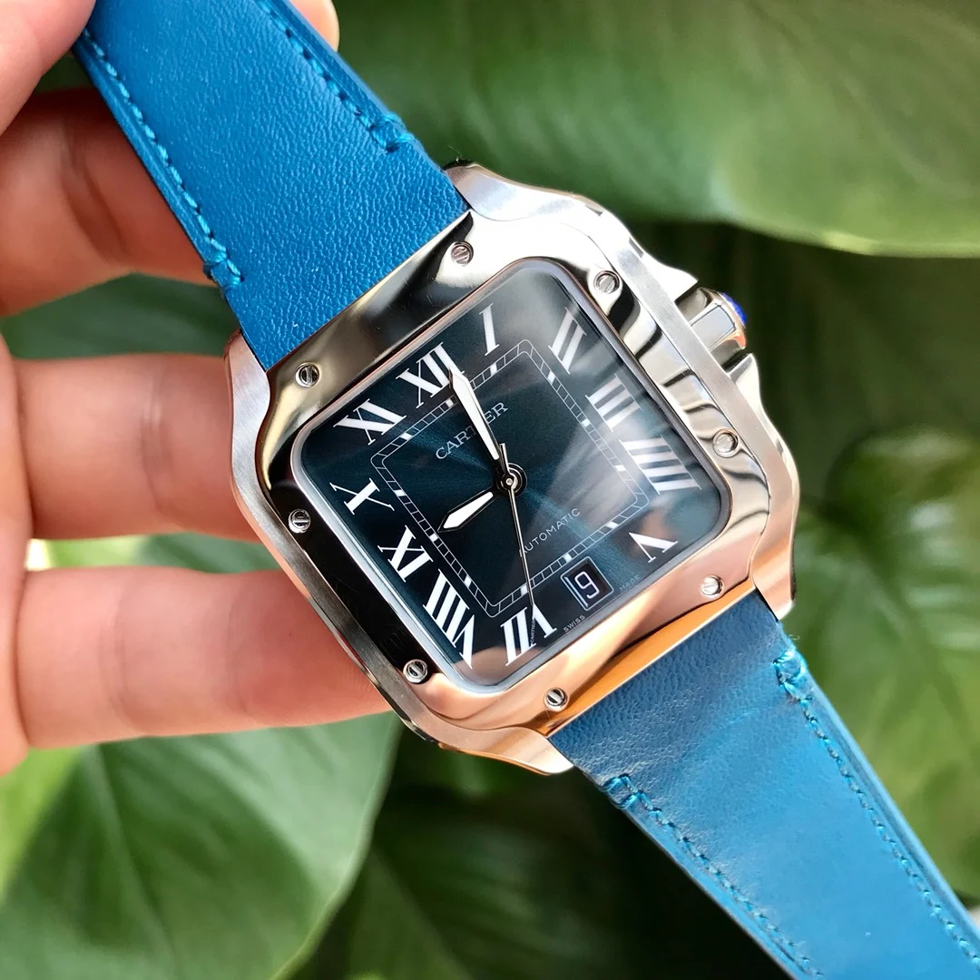 Cartier Santos Blue Dial 40mm — photographed off the sweep