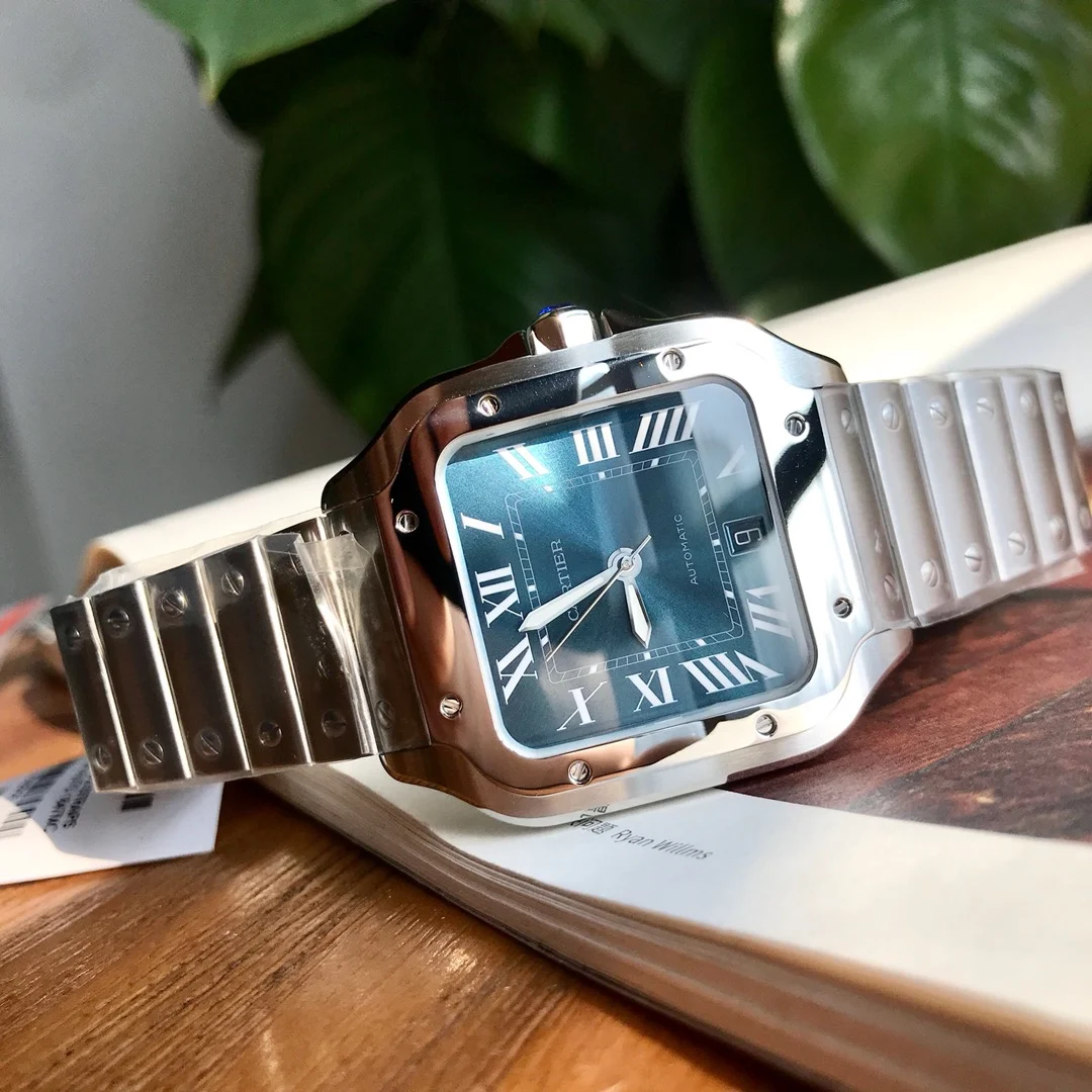 Cartier Santos Blue Dial 40mm — photographed off the sweep