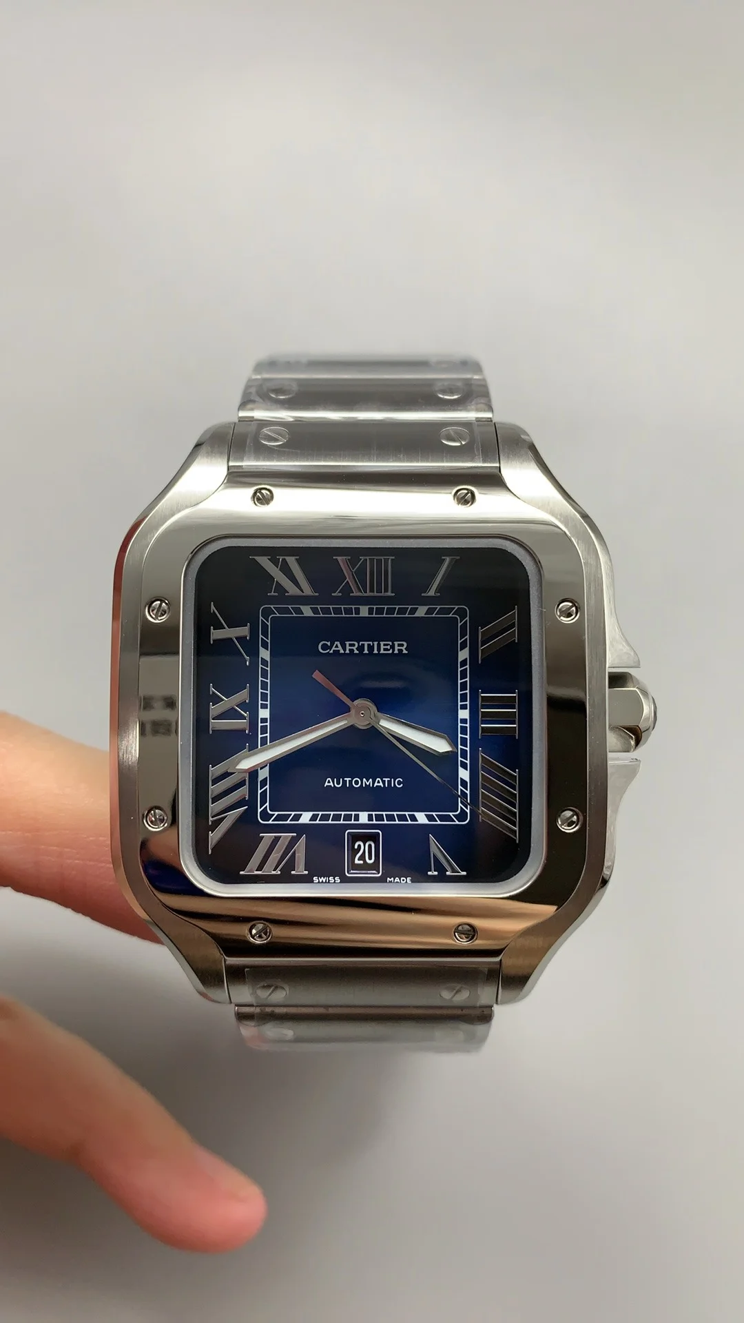 Cartier Santos Blue Dial 40mm — photographed off the sweep