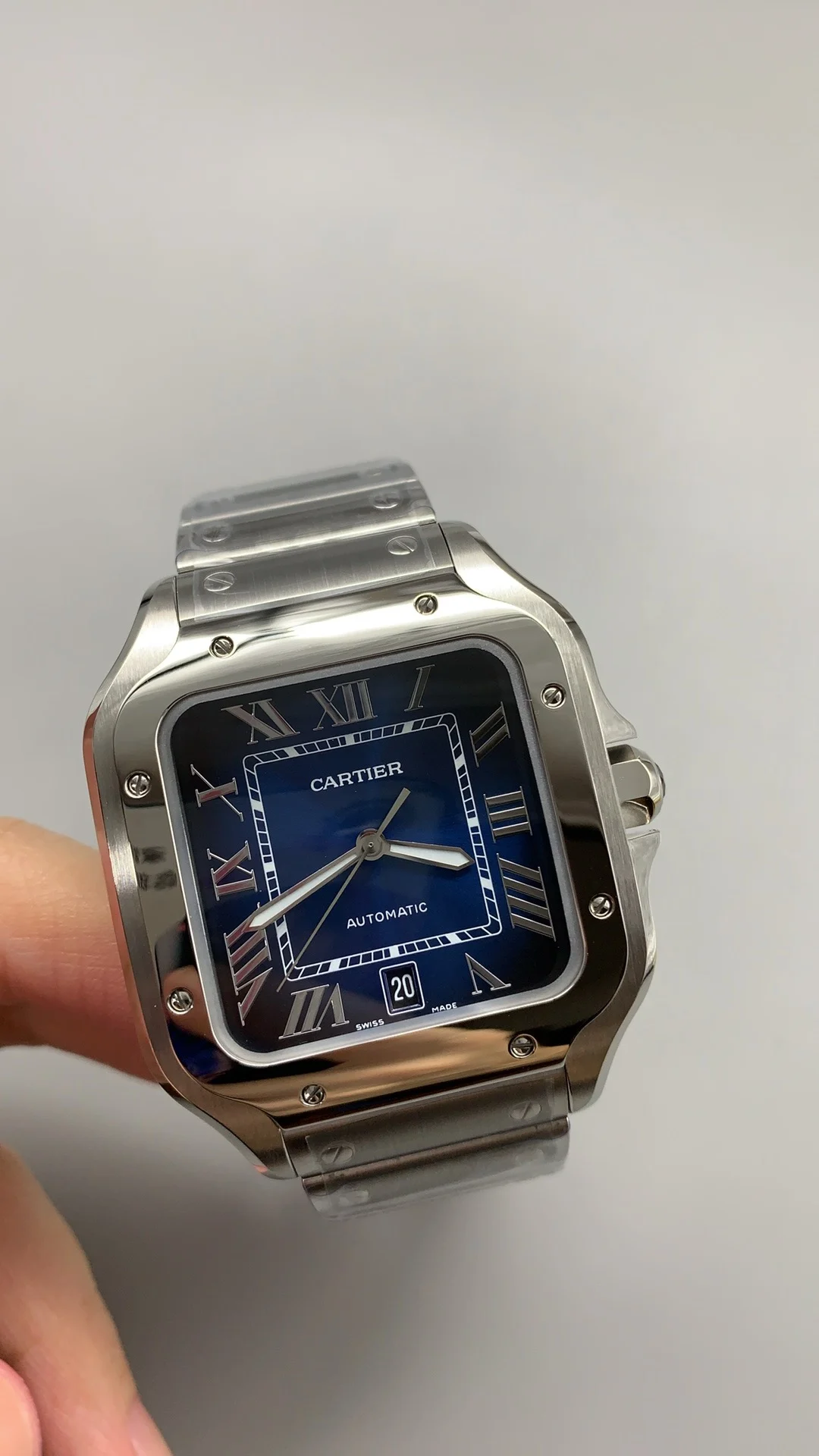 Cartier Santos Blue Dial 40mm — photographed off the sweep