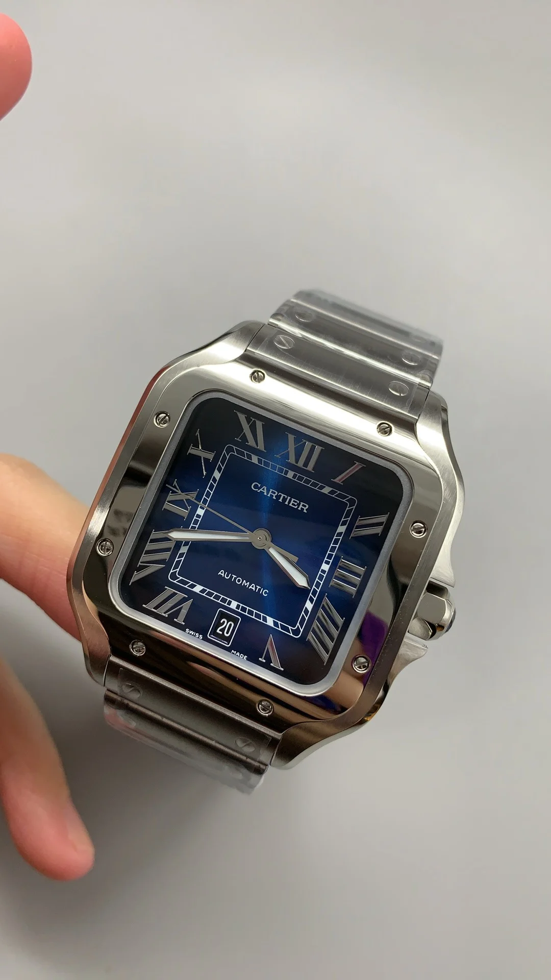 Cartier Santos Blue Dial 40mm — photographed off the sweep