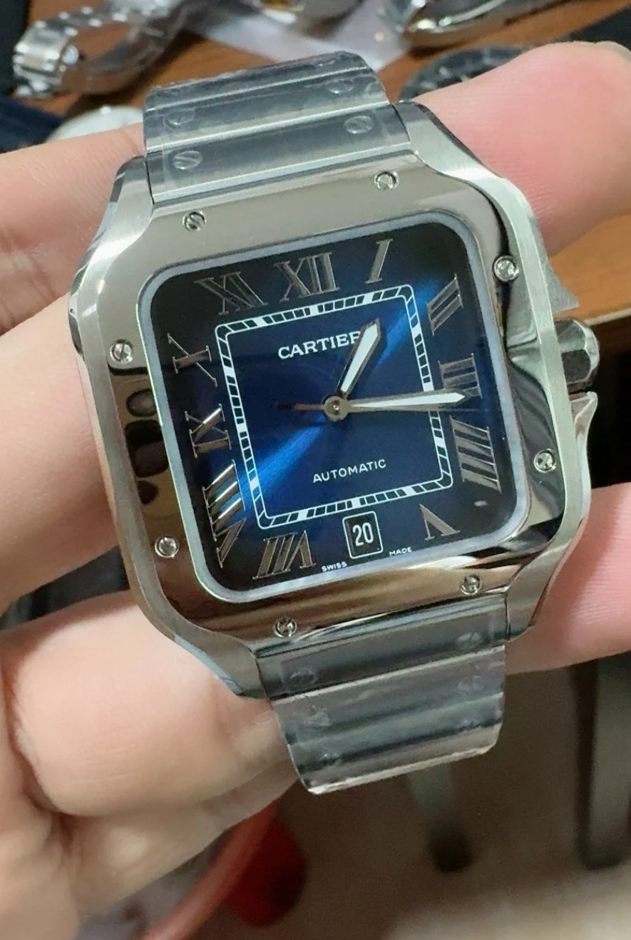 Cartier Santos Blue Dial 40mm — photographed off the sweep