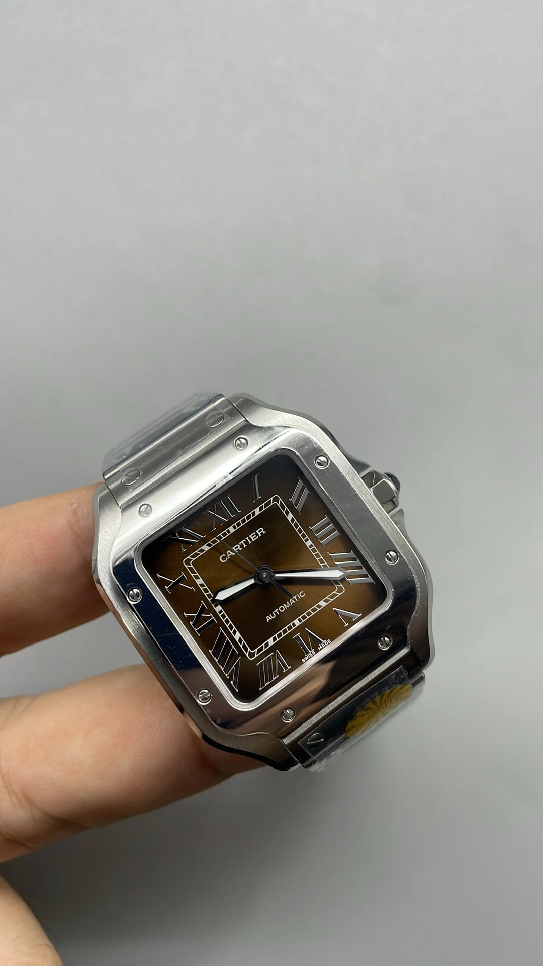 Cartier Santos Brown Dial 35mm — photographed off the sweep
