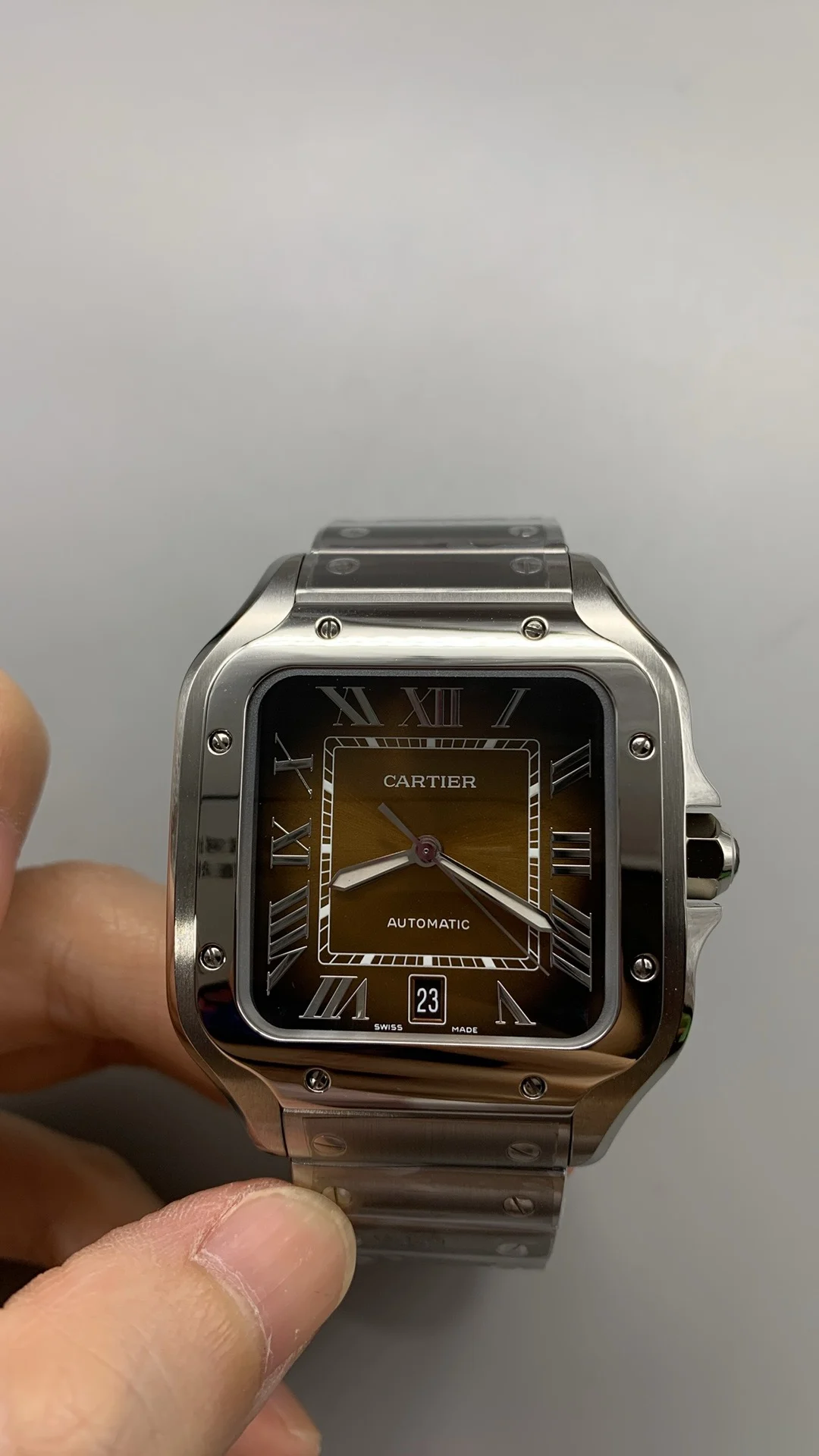 Cartier Santos Brown Dial 35mm — photographed off the sweep