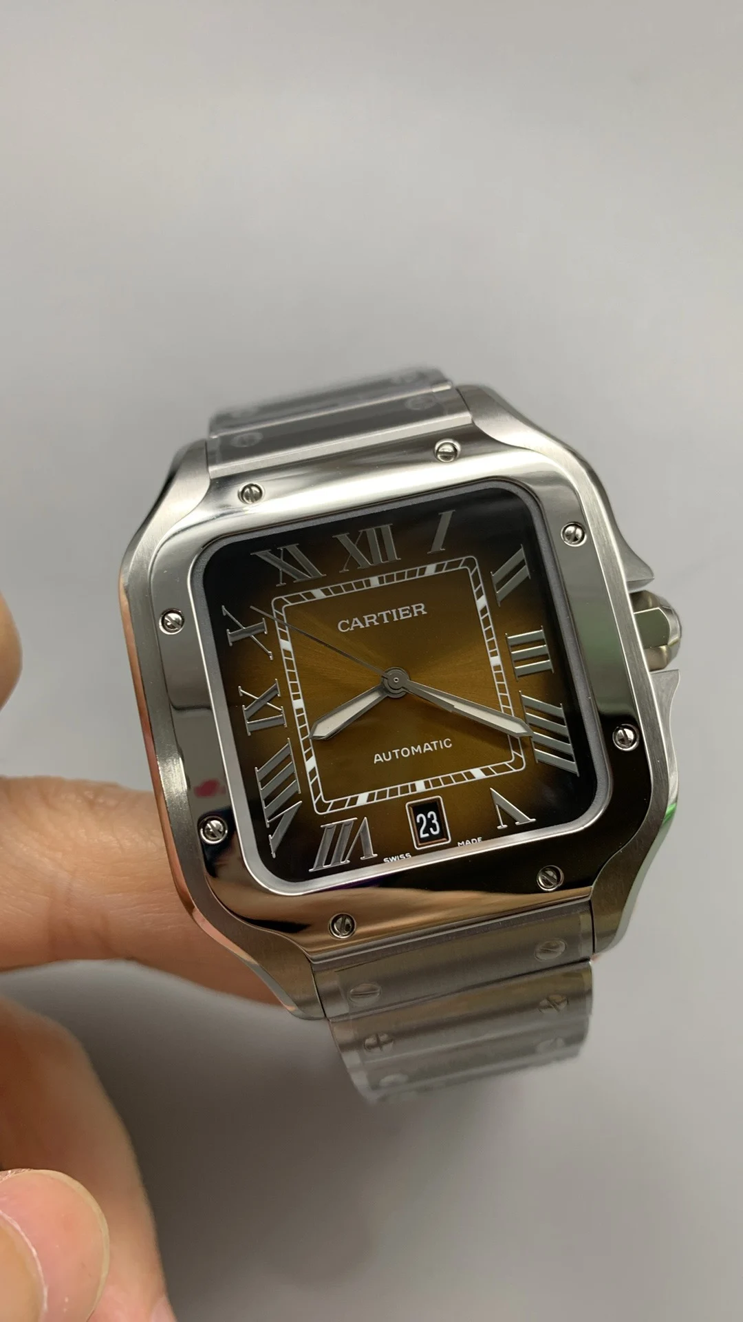 Cartier Santos Brown Dial 35mm — photographed off the sweep