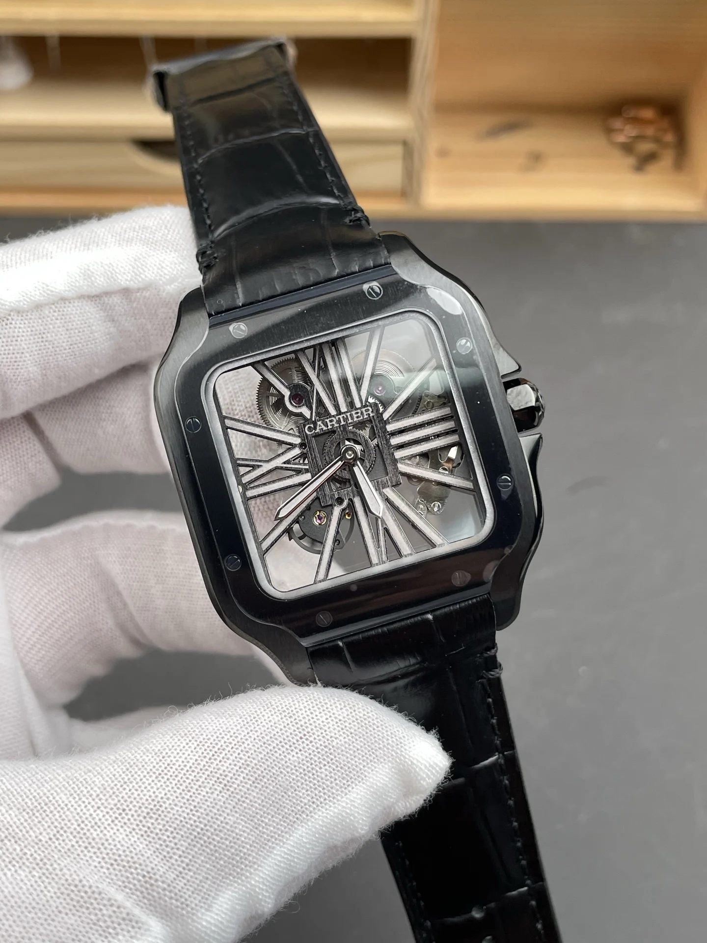 Cartier Santos Carbon Black Dial 39.8mm — photographed off the sweep