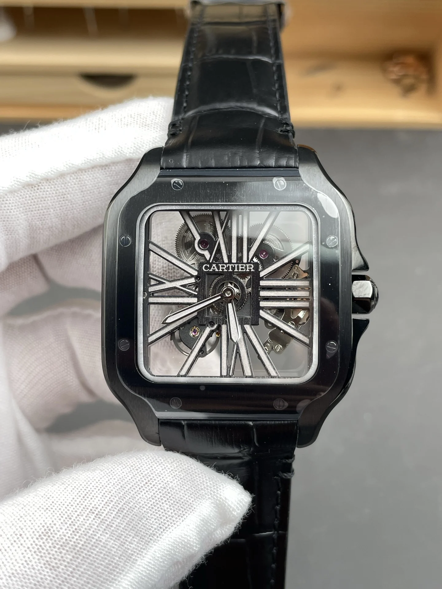 Cartier Santos Carbon Black Dial 39.8mm — photographed off the sweep