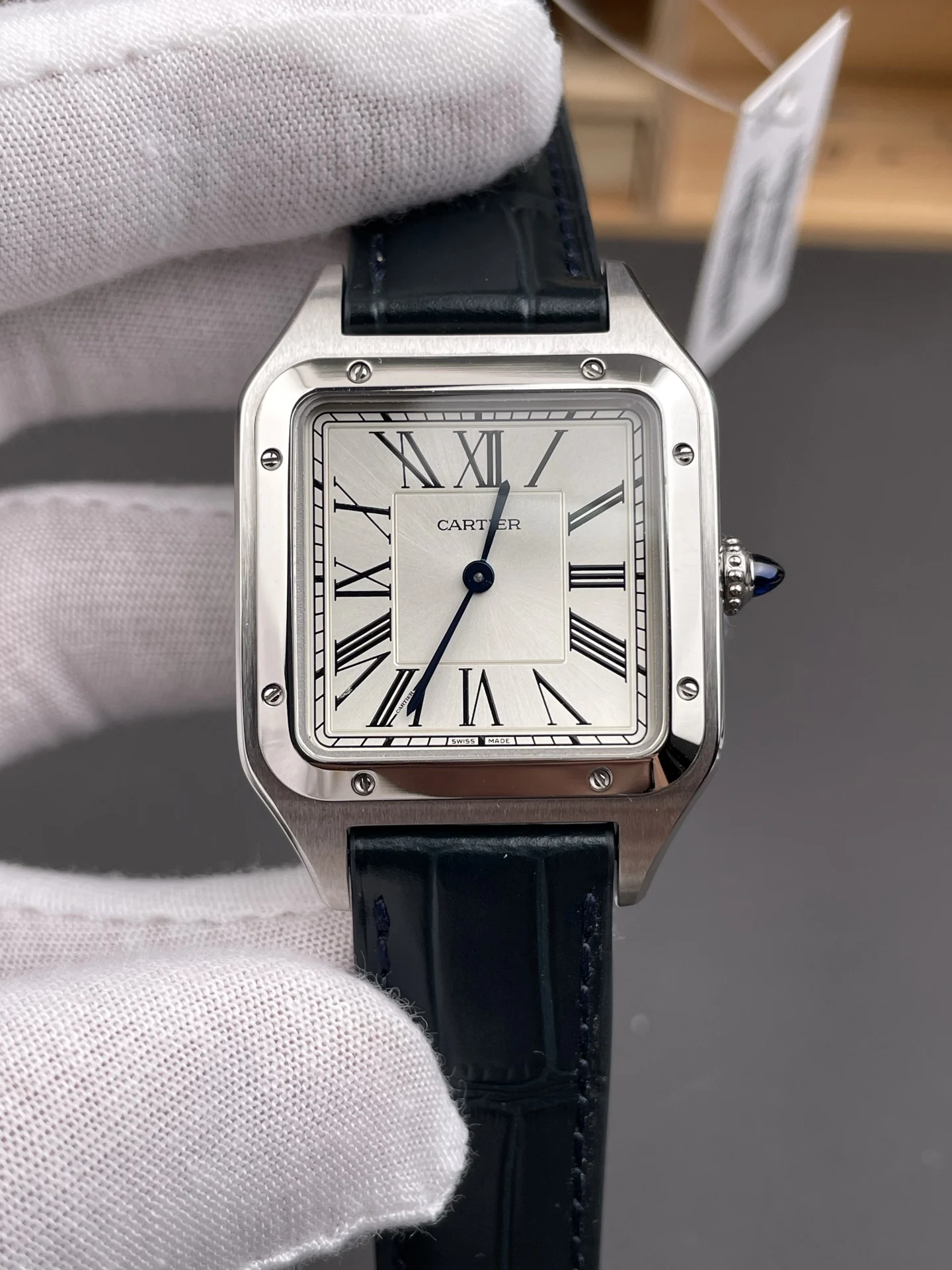 Cartier Santos-Dumont 43.5 × 31.4mm — photographed off the sweep