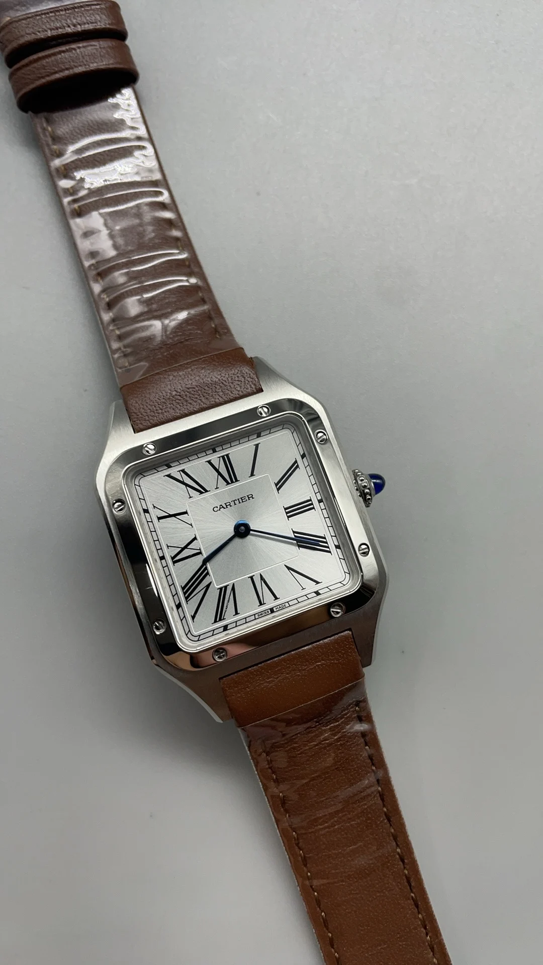 Cartier Santos-Dumont Brown Dial — photographed off the sweep