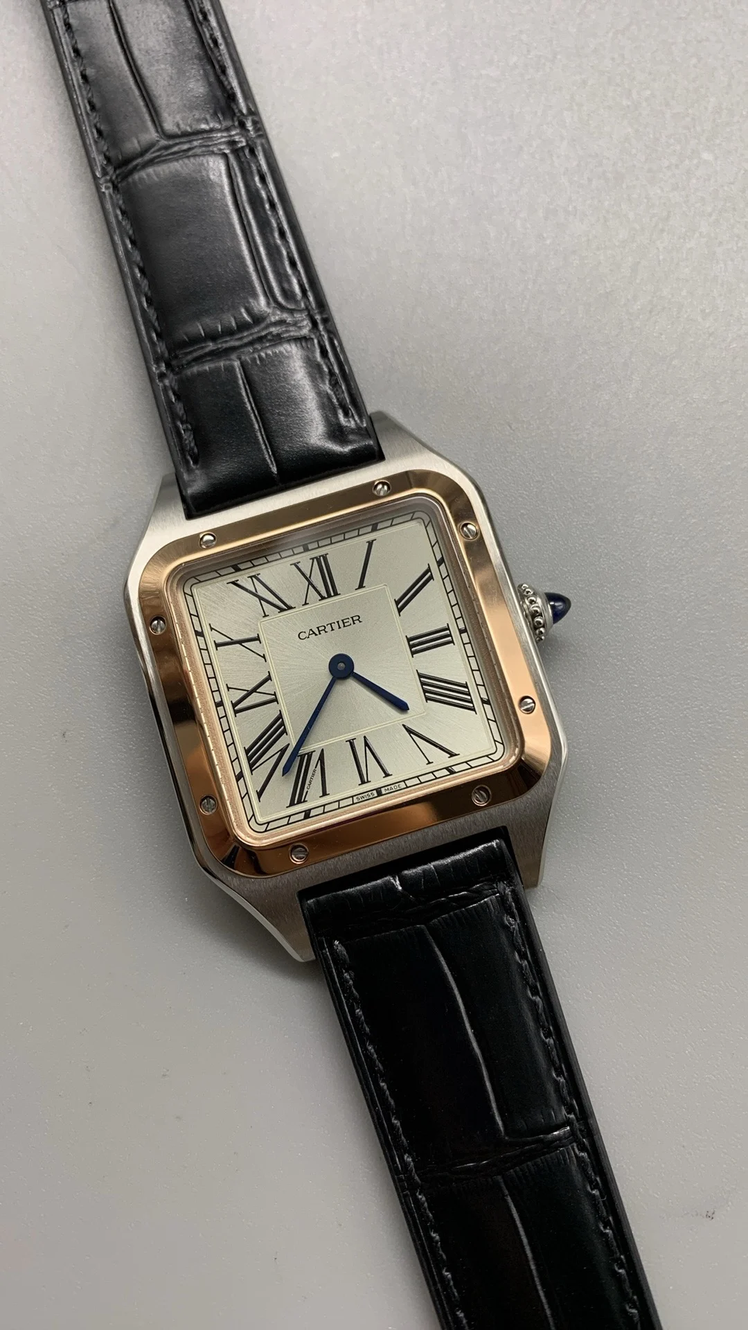 Cartier Santos-Dumont Rose Gold 43 × 31mm — photographed off the sweep