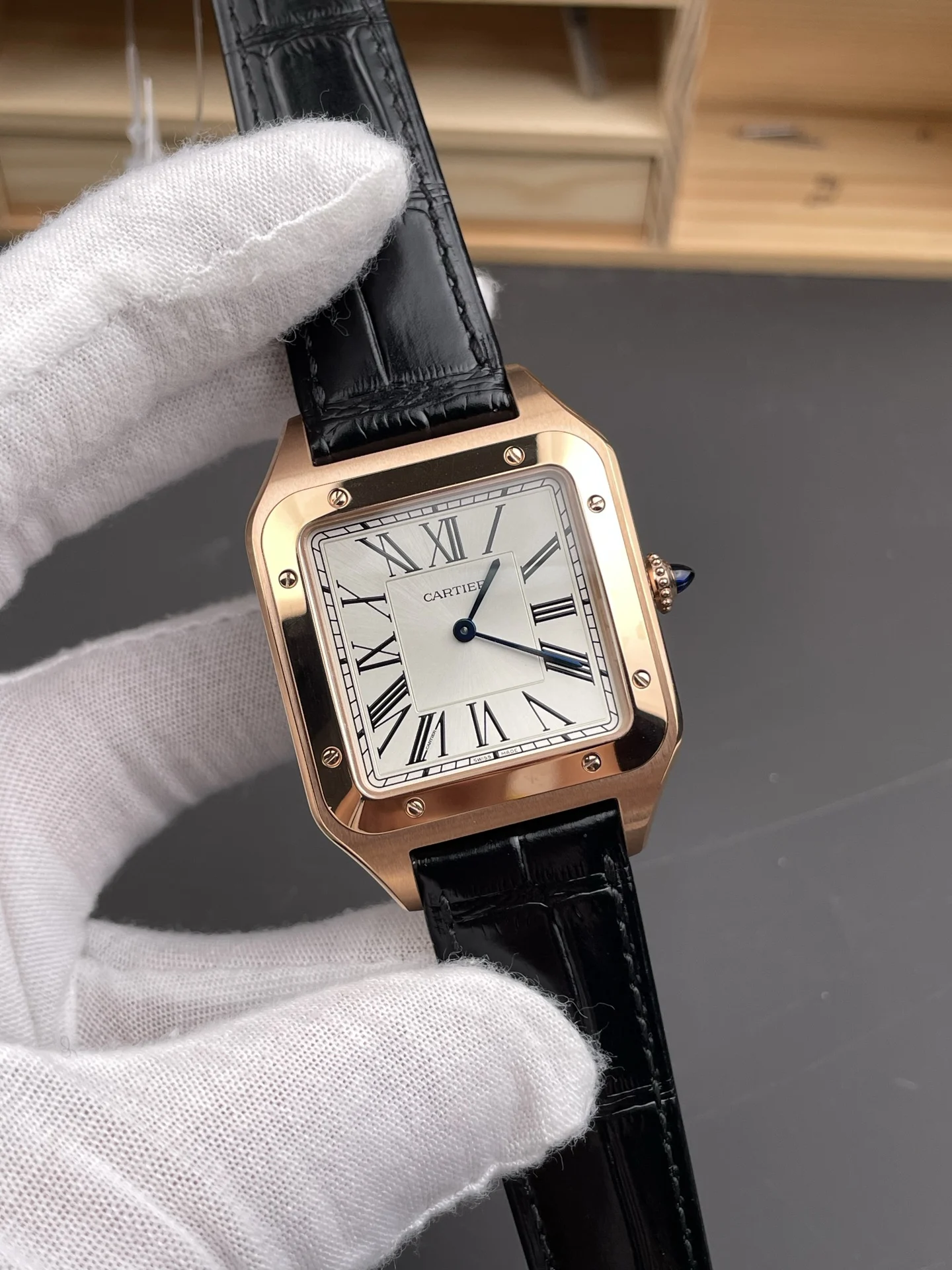 Cartier Santos-Dumont Rose Gold White Dial 46.6 × 33.9mm — photographed off the sweep