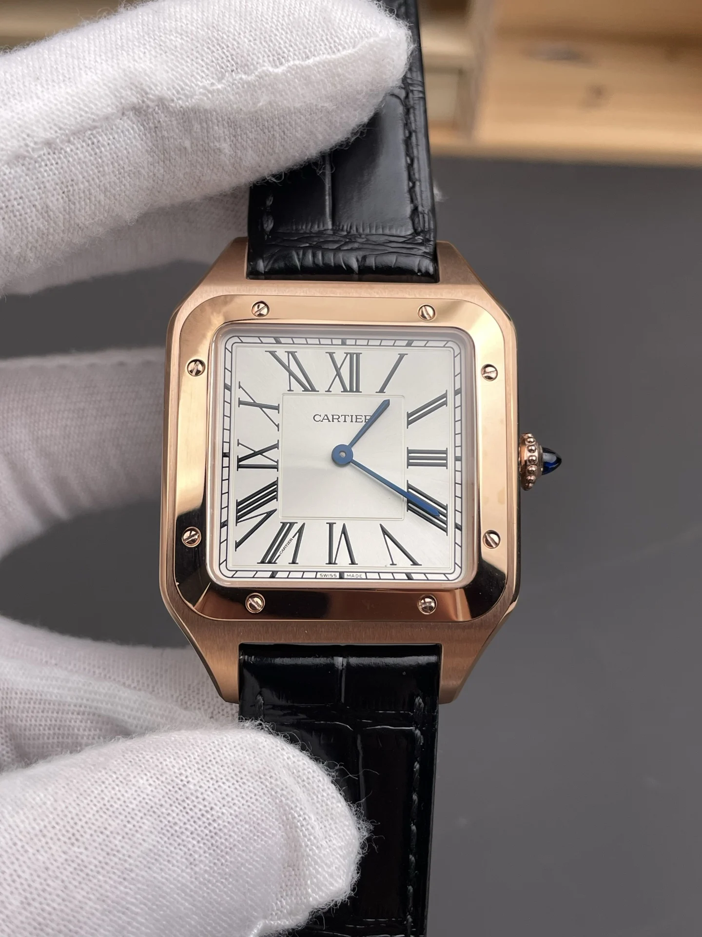 Cartier Santos-Dumont Rose Gold White Dial 46.6 × 33.9mm — photographed off the sweep