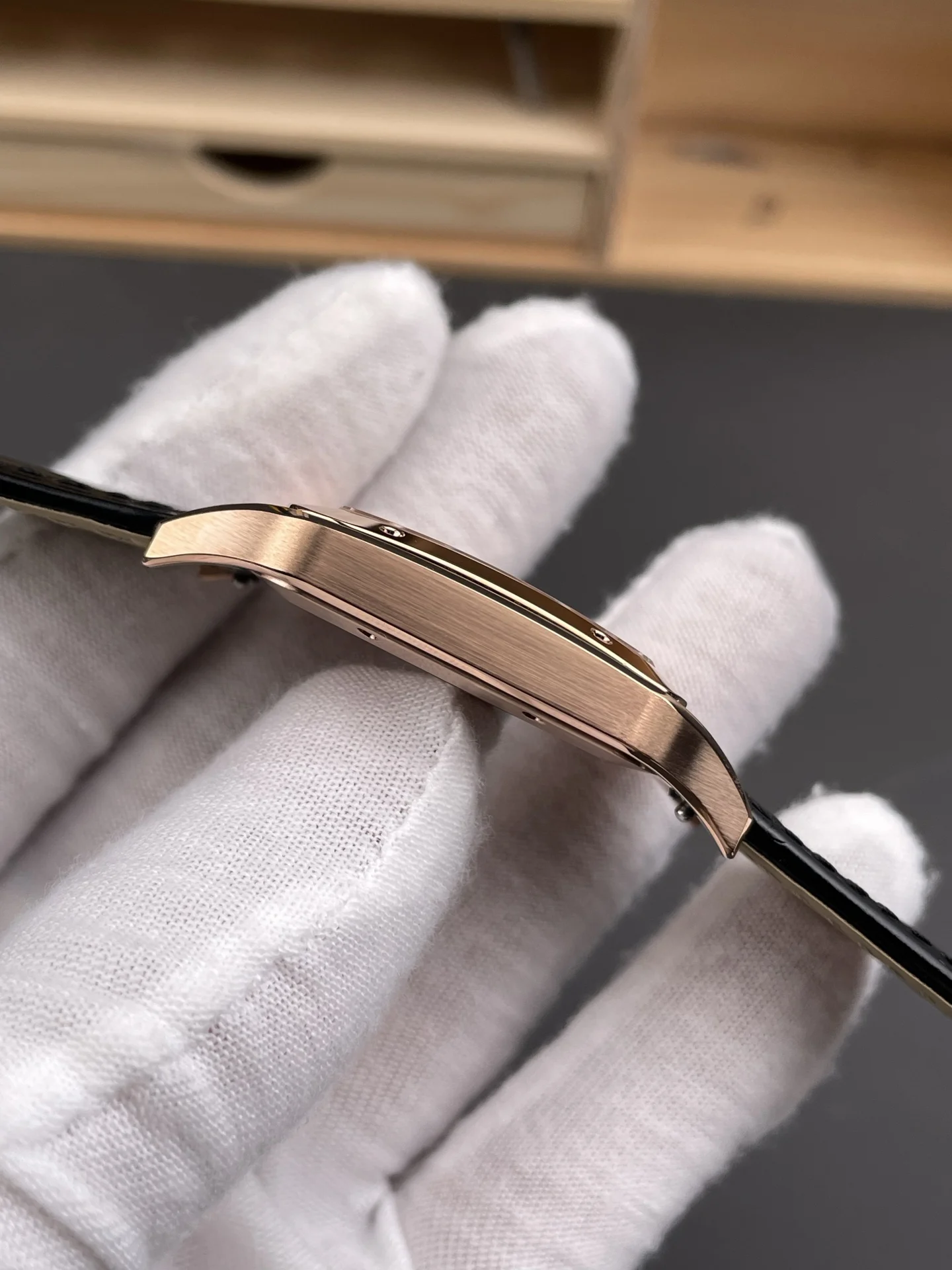 Cartier Santos-Dumont Rose Gold White Dial 46.6 × 33.9mm — photographed off the sweep