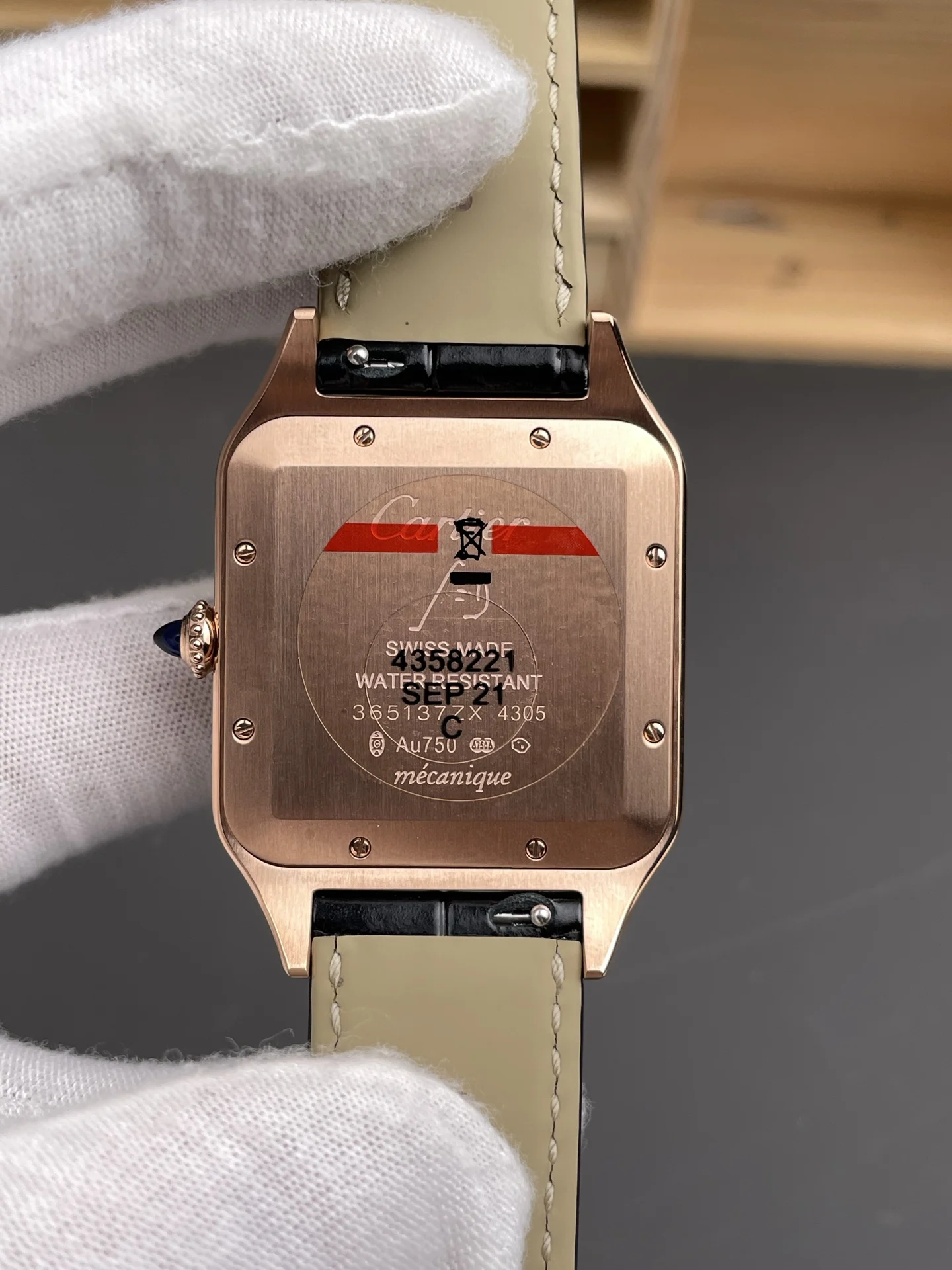 Cartier Santos-Dumont Rose Gold White Dial 46.6 × 33.9mm — photographed off the sweep