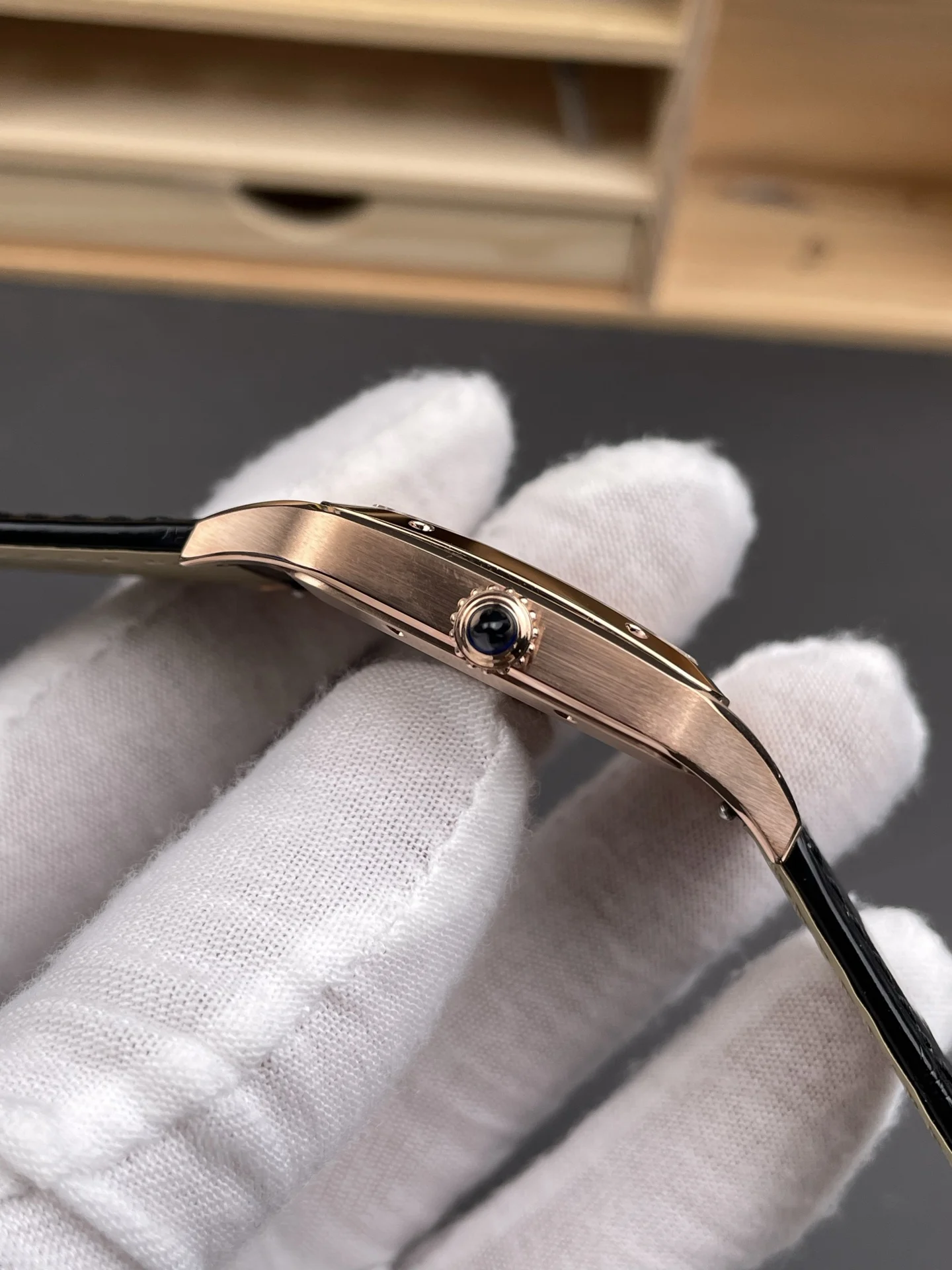 Cartier Santos-Dumont Rose Gold White Dial 46.6 × 33.9mm — photographed off the sweep