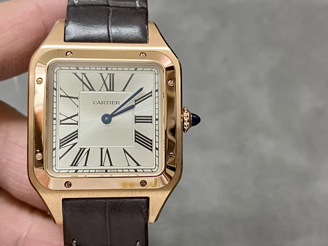 Cartier Santos-Dumont Steel Blue Dial 46.6 × 33.9mm — photographed off the sweep