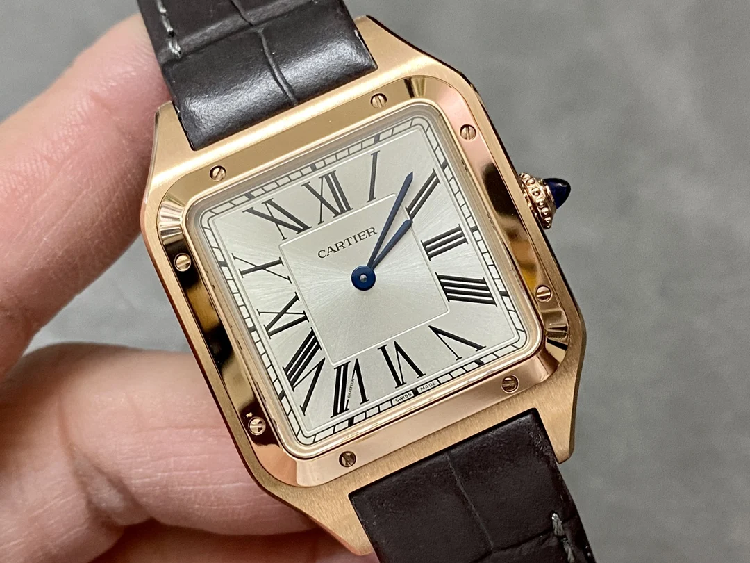 Cartier Santos-Dumont Steel Blue Dial 46.6 × 33.9mm — photographed off the sweep