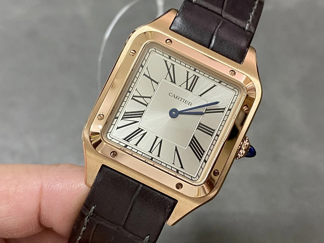 Cartier Santos-Dumont Steel Blue Dial 46.6 × 33.9mm — photographed off the sweep